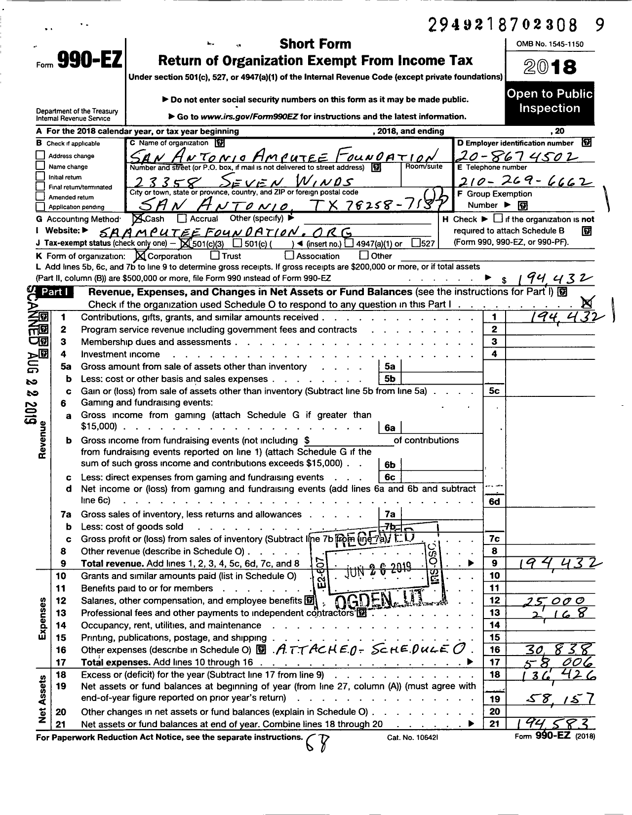 Image of first page of 2018 Form 990EZ for San Antonio Amputee Foundation