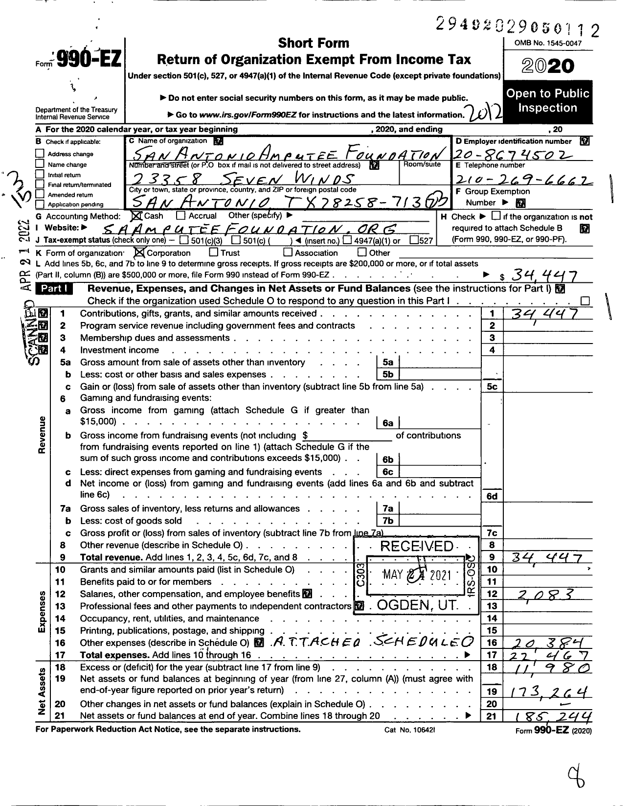 Image of first page of 2020 Form 990EZ for San Antonio Amputee Foundation