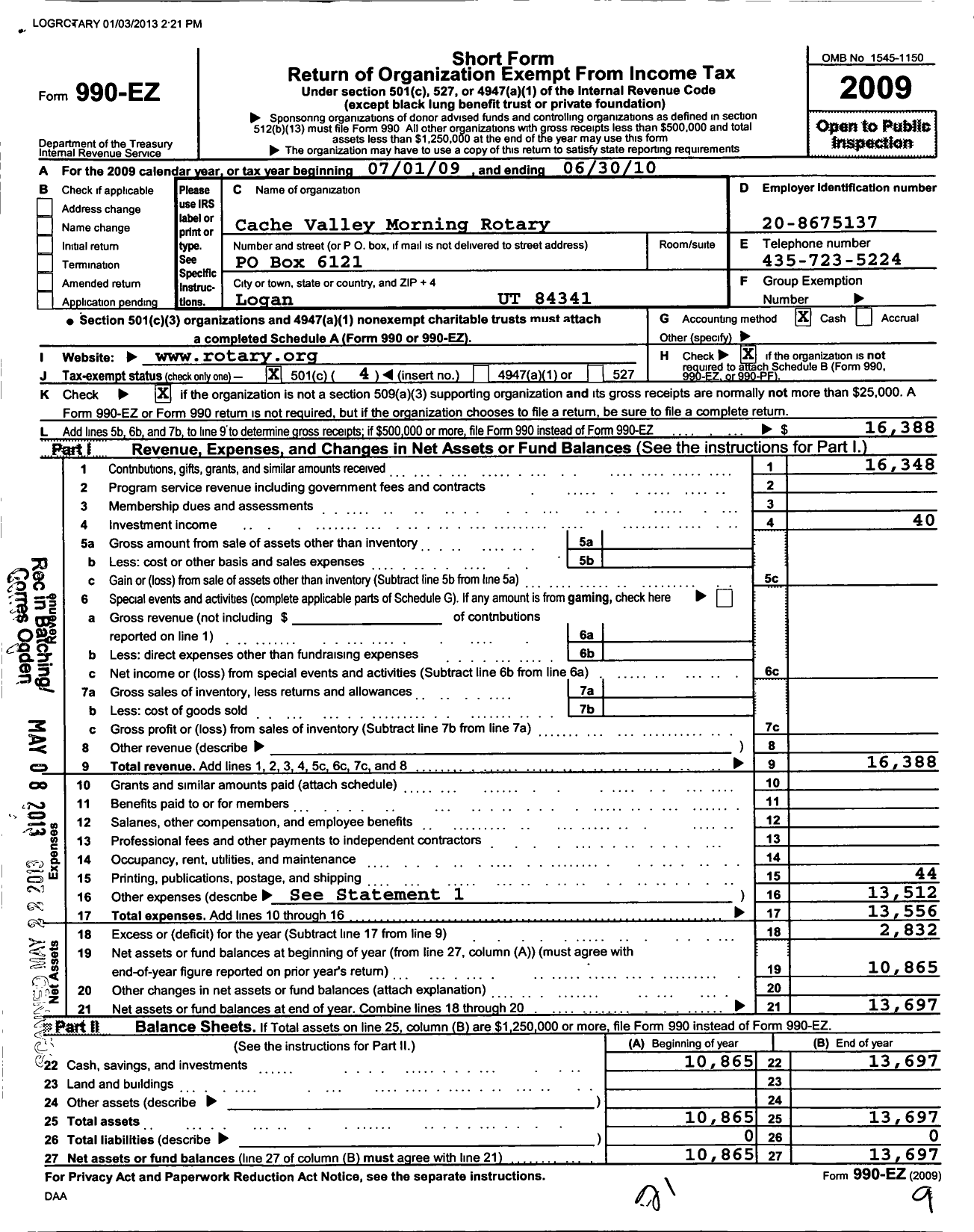 Image of first page of 2009 Form 990EO for Rotary Club of Cache Valley Morning