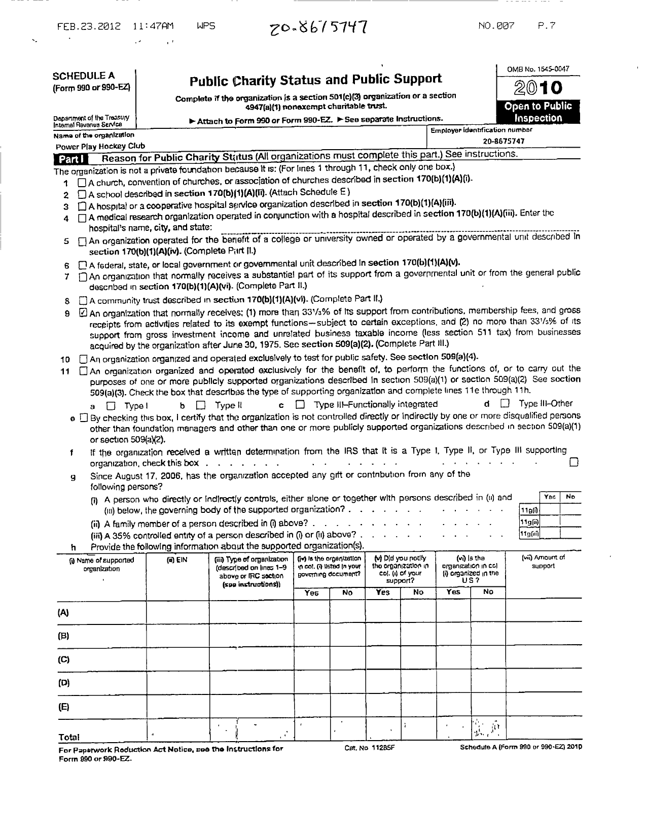 Image of first page of 2010 Form 990ER for Power Play Hockey Club