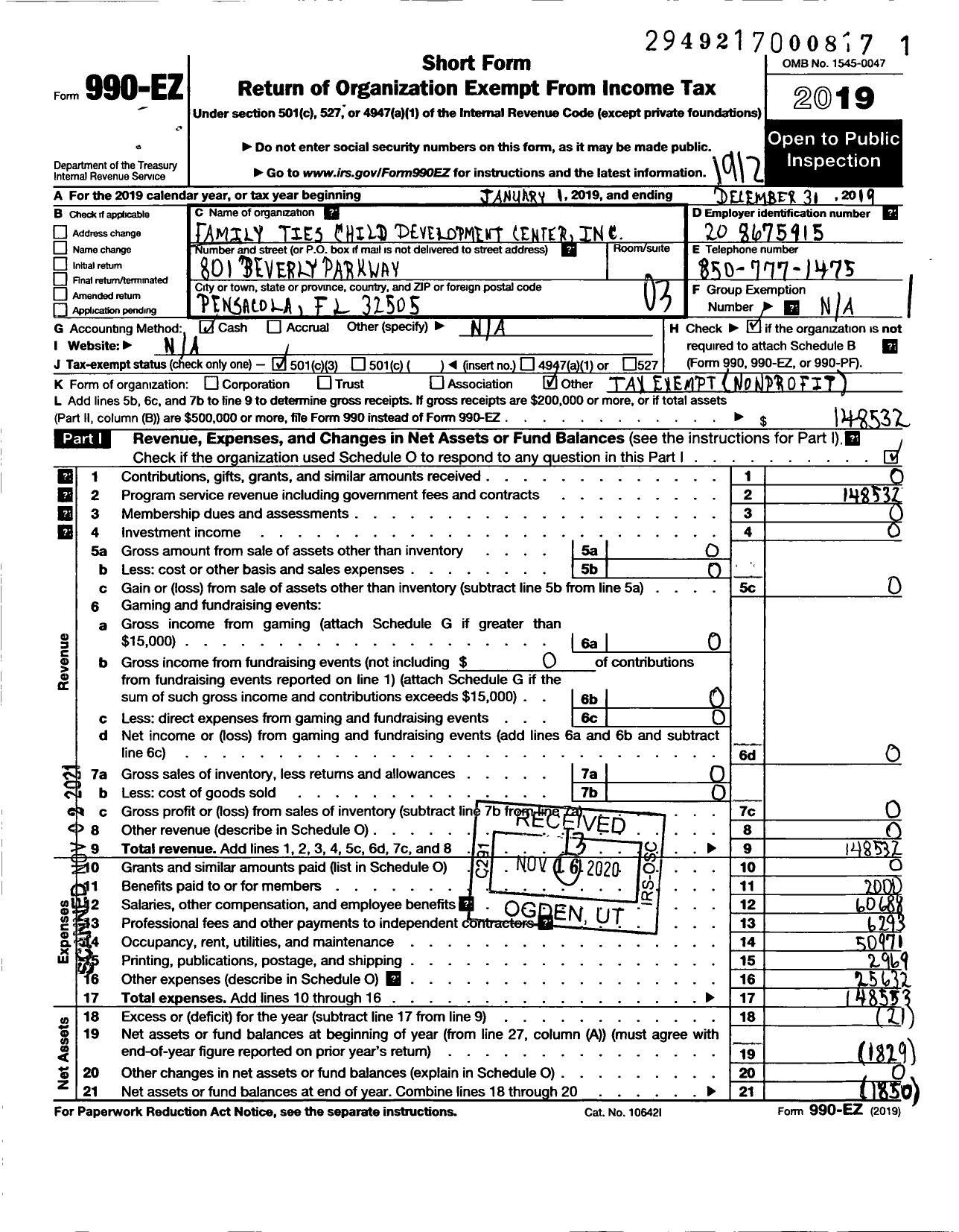 Image of first page of 2019 Form 990EZ for Family Ties Child Development Center