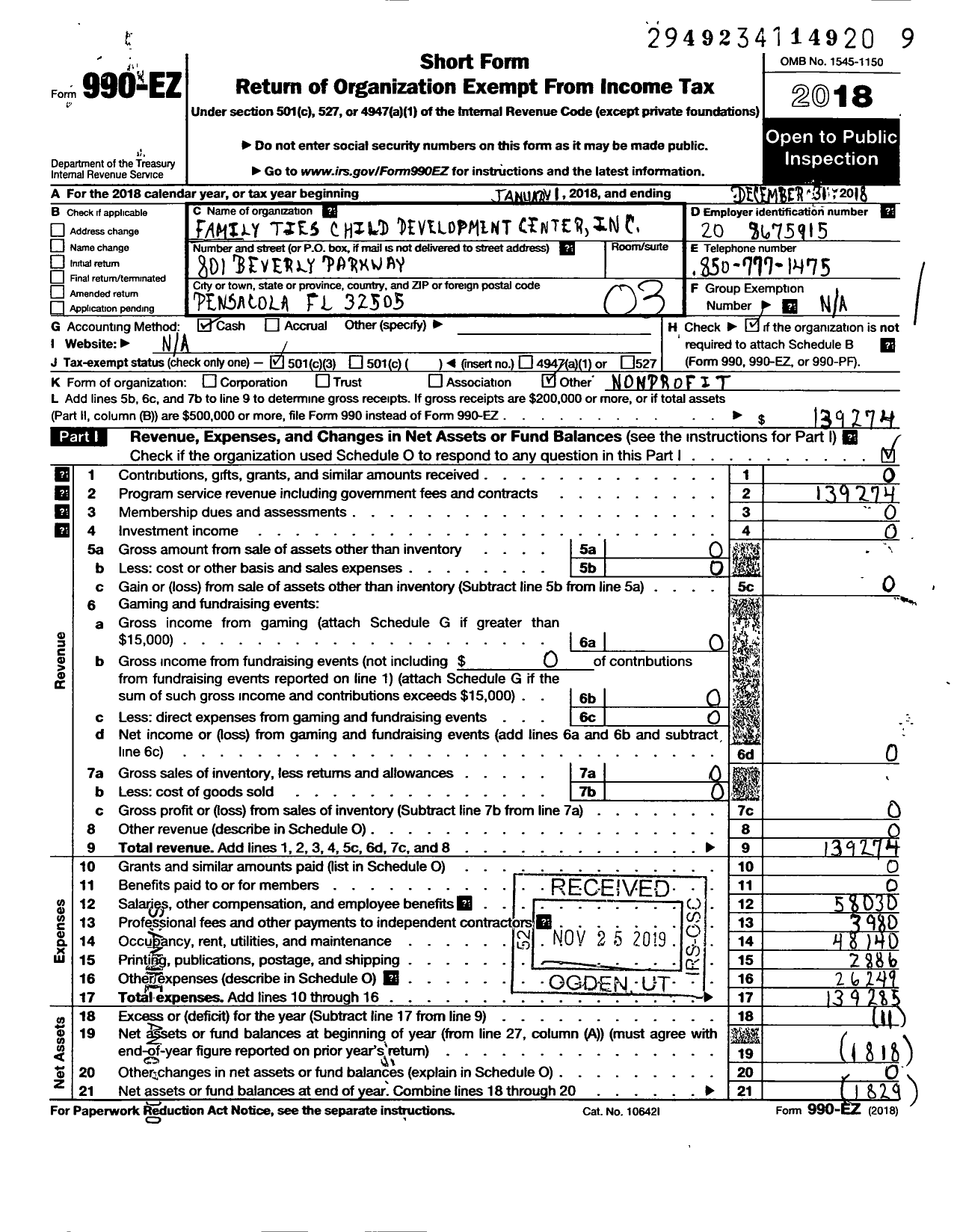 Image of first page of 2018 Form 990EZ for Family Ties Child Development Center