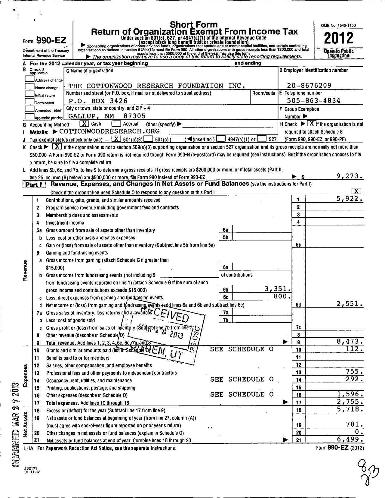 Image of first page of 2012 Form 990EZ for The Cottonwood Research Foundation