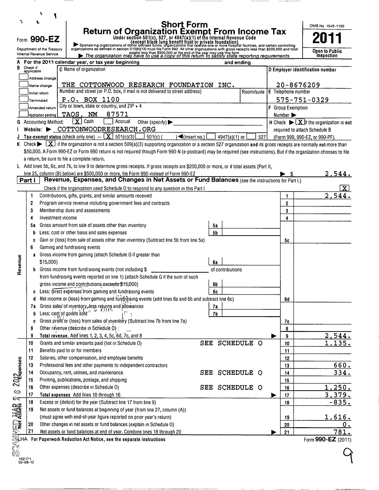 Image of first page of 2011 Form 990EZ for The Cottonwood Research Foundation