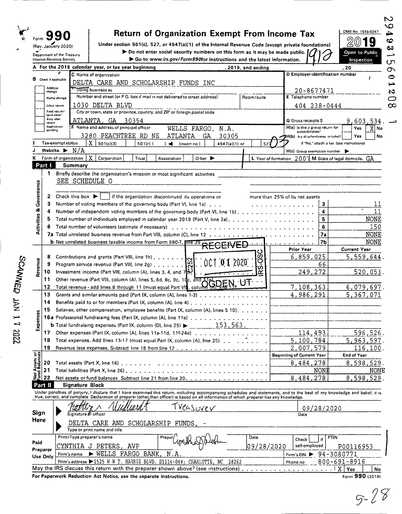 Image of first page of 2019 Form 990 for Delta Care and Scholarship Funds