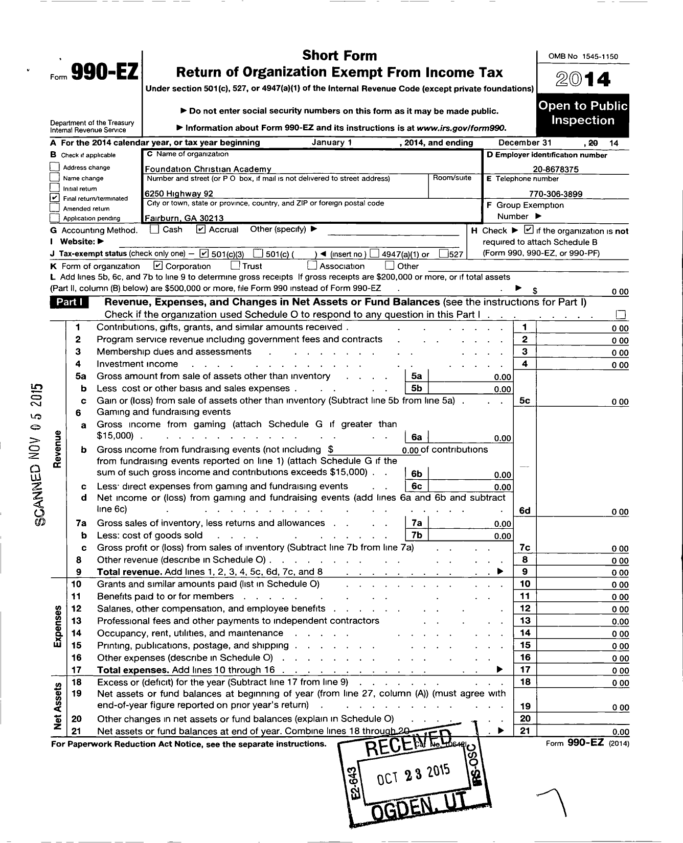 Image of first page of 2014 Form 990EZ for Foundation Christian Academy