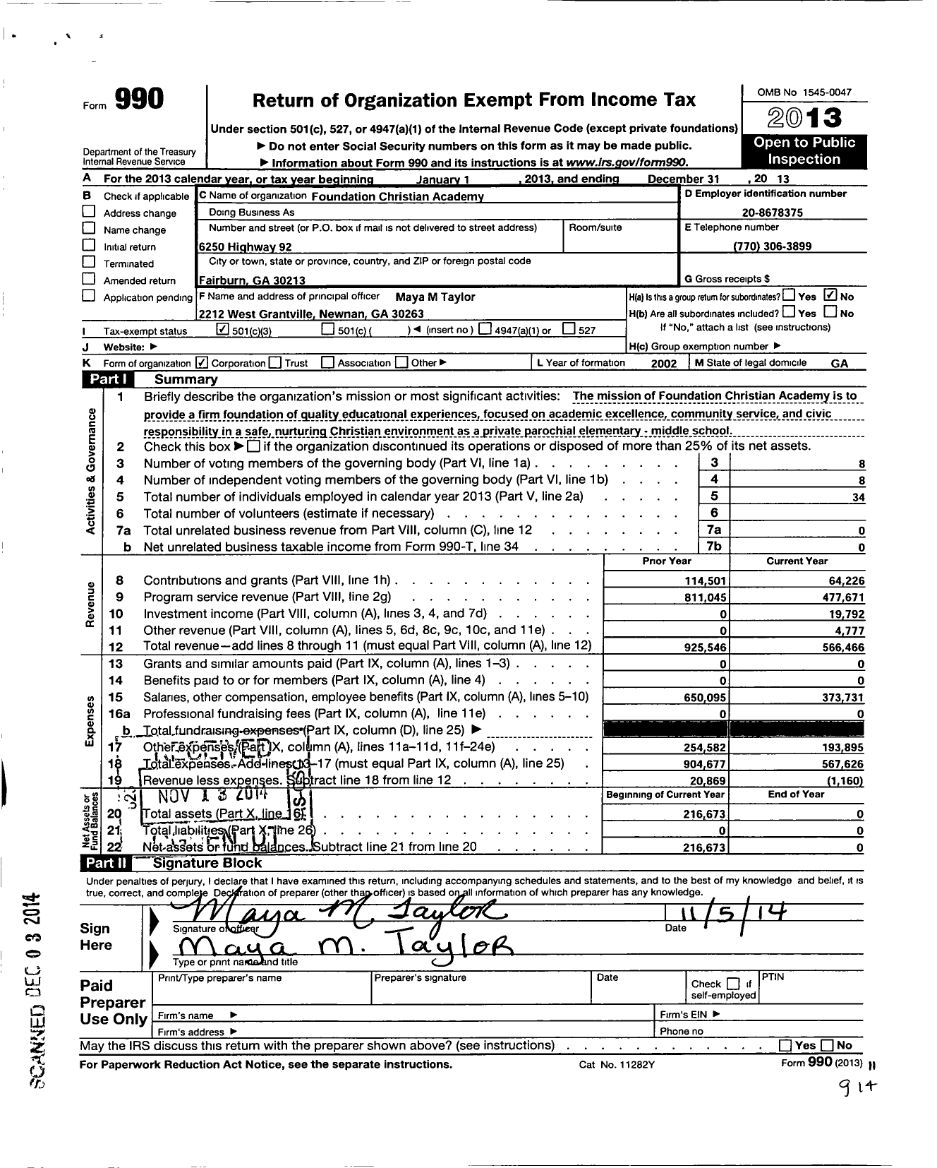 Image of first page of 2013 Form 990 for Foundation Christian Academy