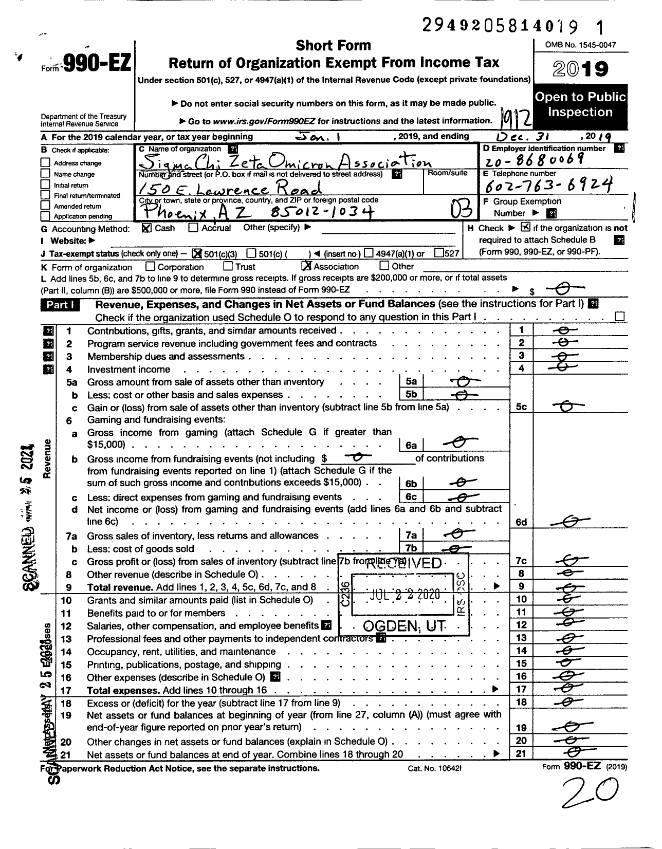 Image of first page of 2019 Form 990EZ for Sigma Chi Zeta Omicron Alumni Association