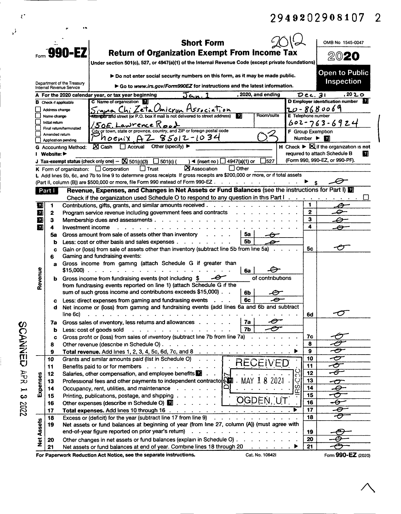 Image of first page of 2020 Form 990EZ for Sigma Chi Zeta Omicron Alumni Association