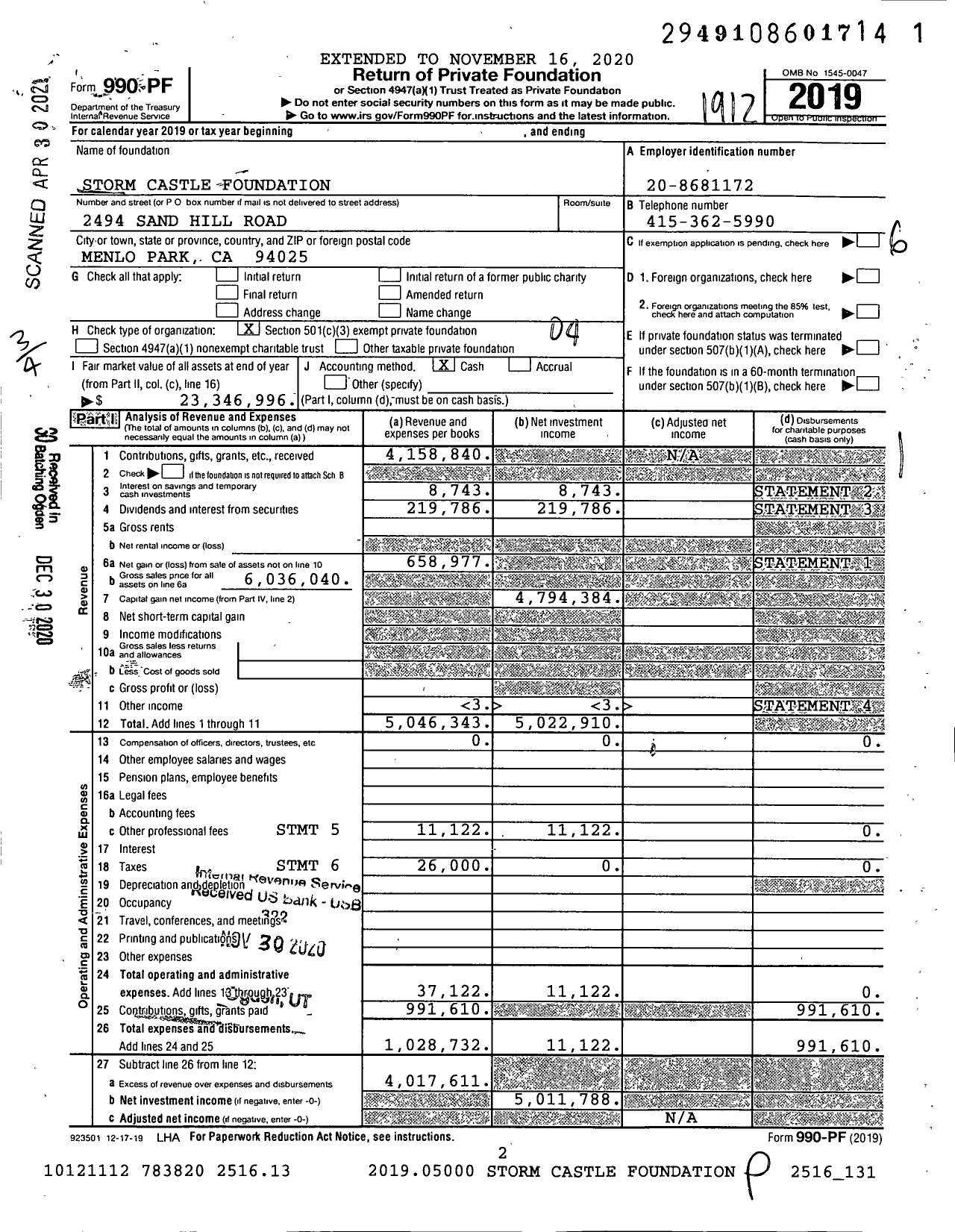 Image of first page of 2019 Form 990PF for Storm Castle Foundation