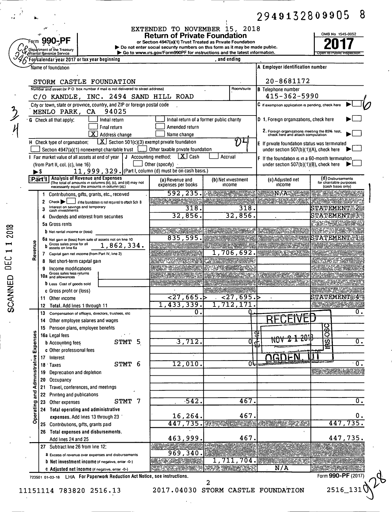 Image of first page of 2017 Form 990PF for Storm Castle Foundation