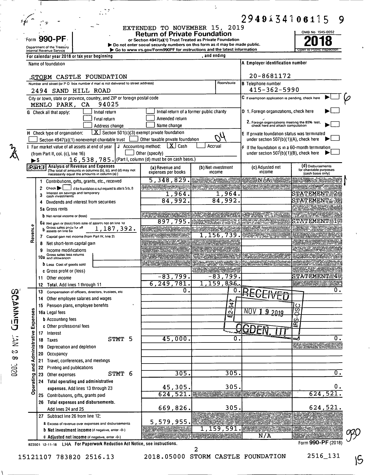 Image of first page of 2018 Form 990PF for Storm Castle Foundation