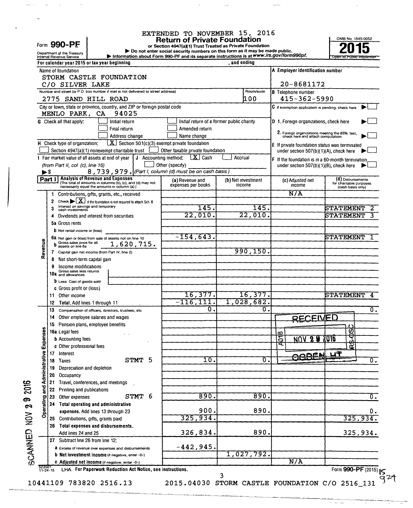 Image of first page of 2015 Form 990PF for Storm Castle Foundation
