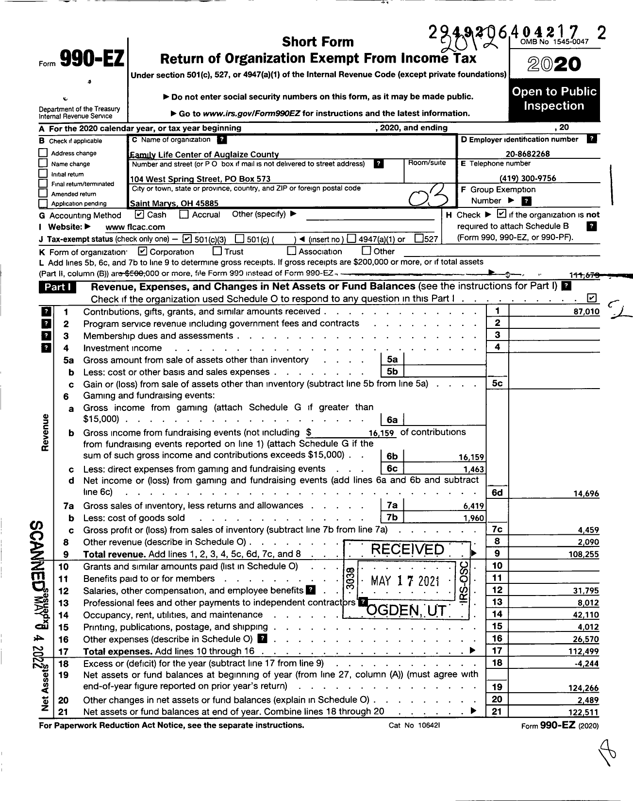 Image of first page of 2020 Form 990EZ for Family Life Center of Auglaize County