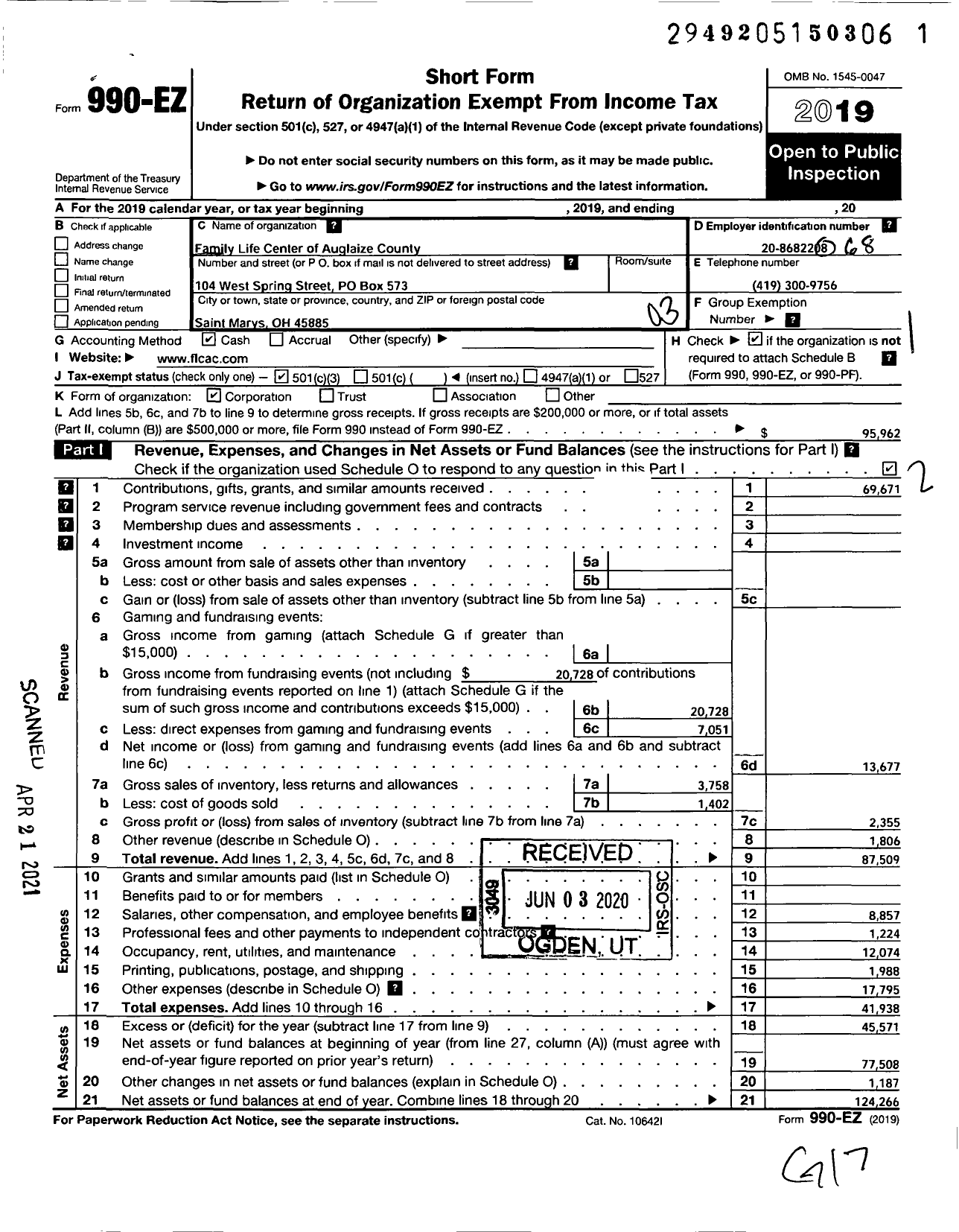 Image of first page of 2019 Form 990EZ for Family Life Center of Auglaize County