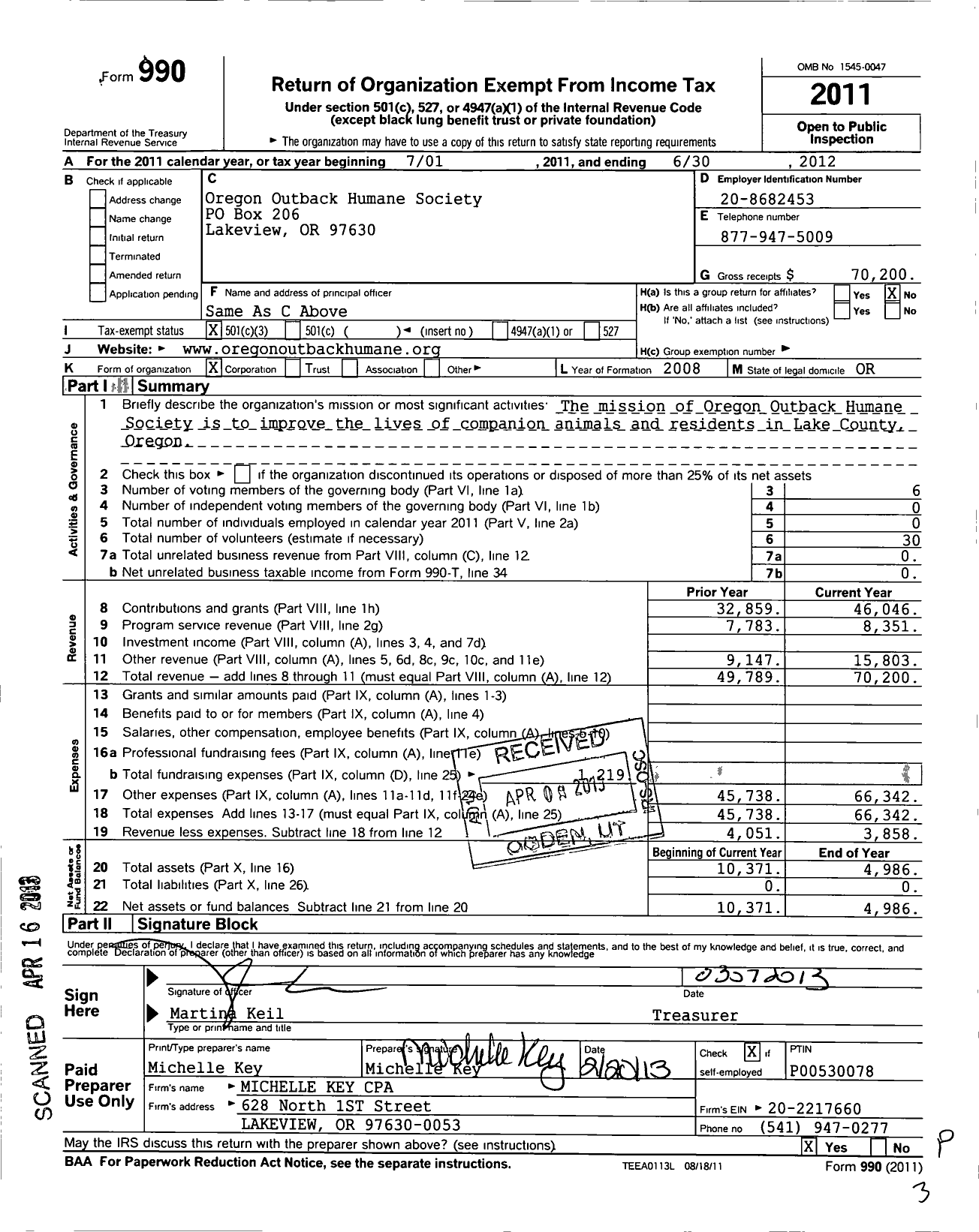 Image of first page of 2011 Form 990 for Oregon Outback Humane Society