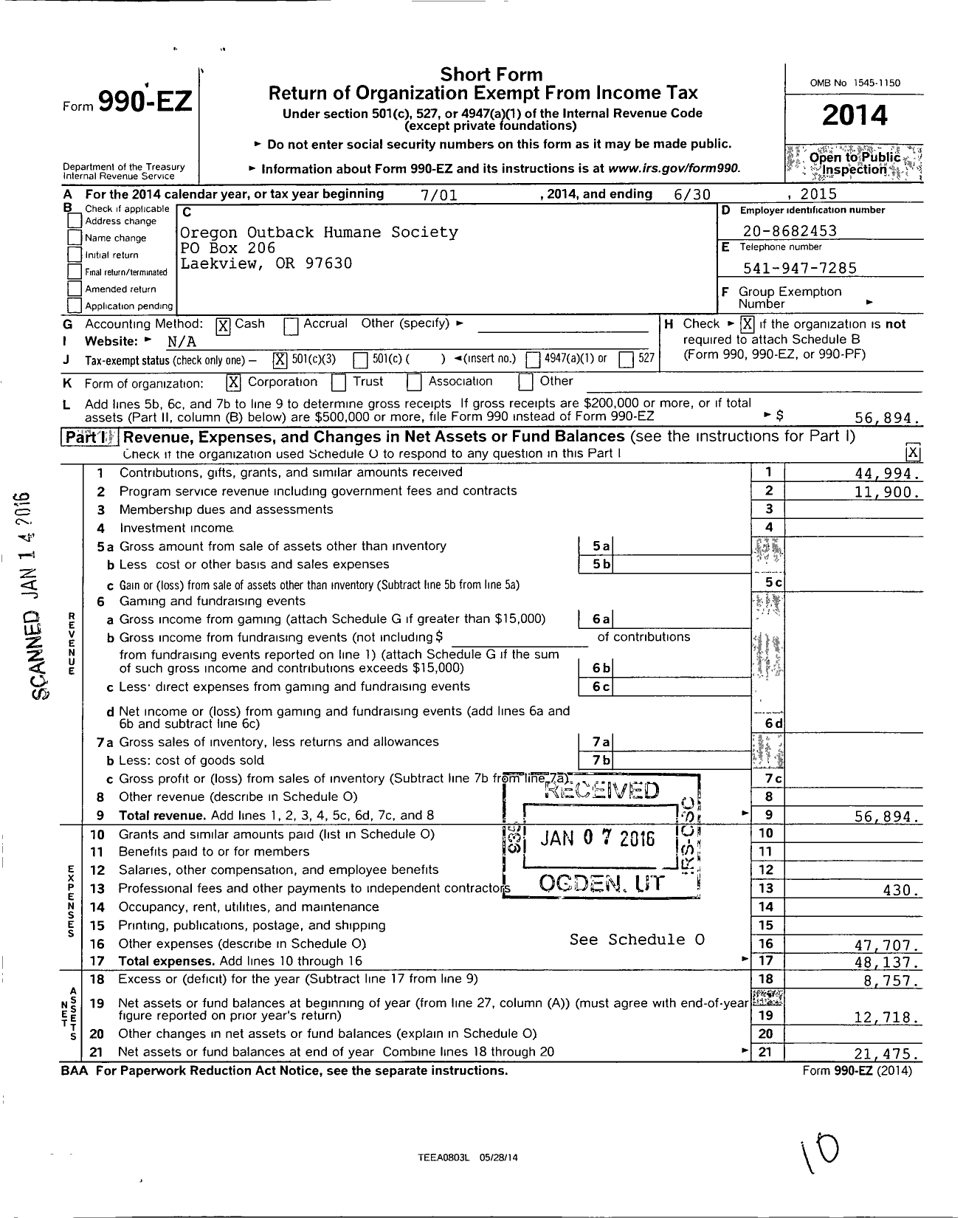 Image of first page of 2014 Form 990EZ for Oregon Outback Humane Society