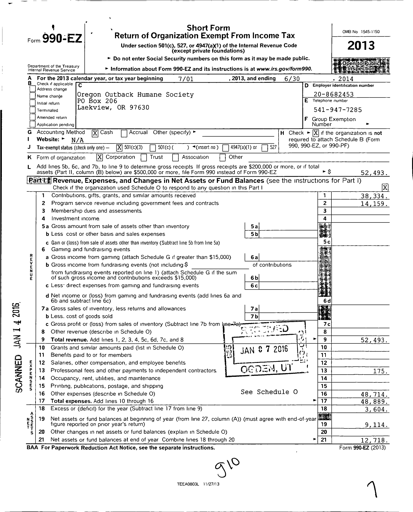 Image of first page of 2013 Form 990EZ for Oregon Outback Humane Society