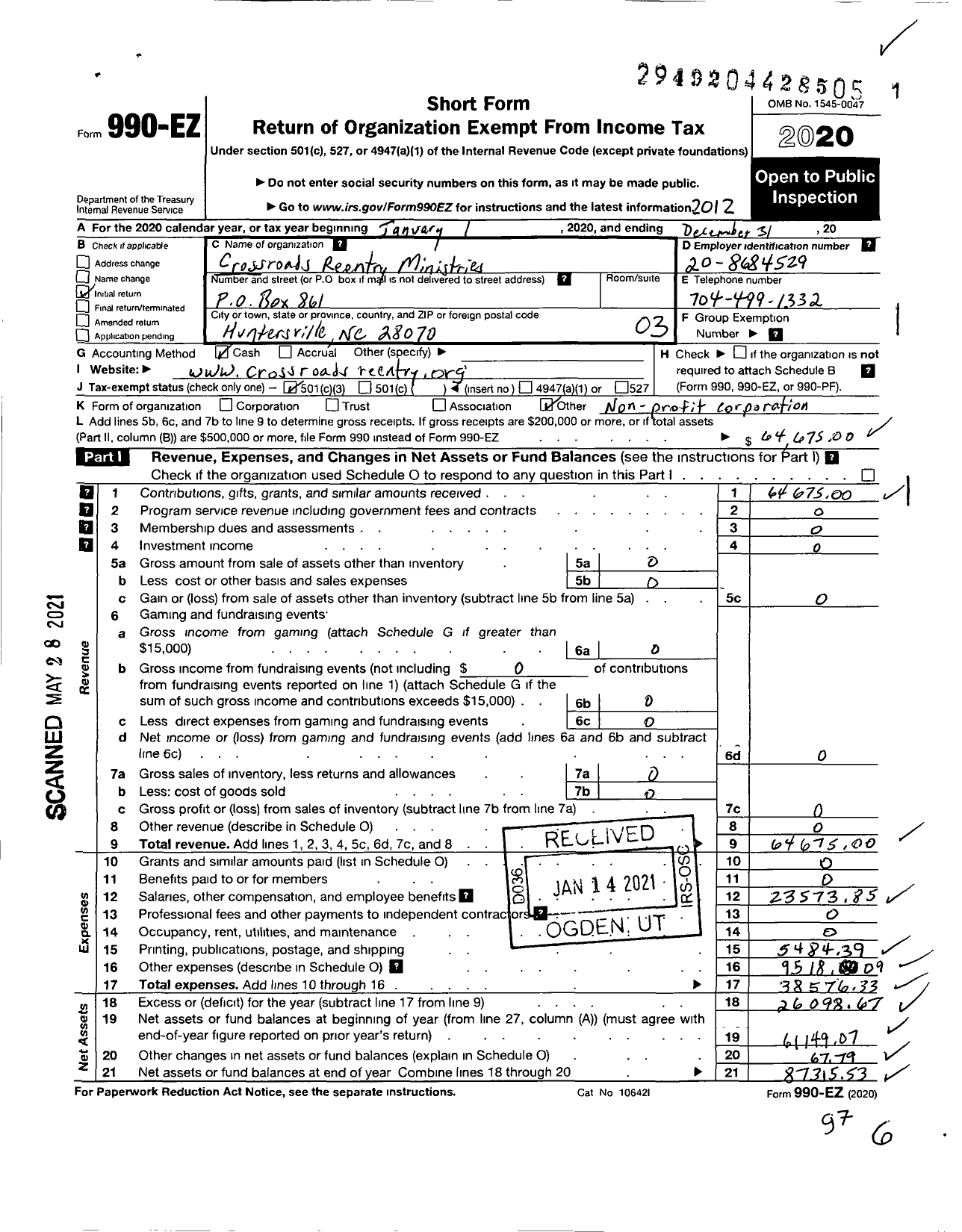 Image of first page of 2020 Form 990EZ for Crossroads Reentry Ministries