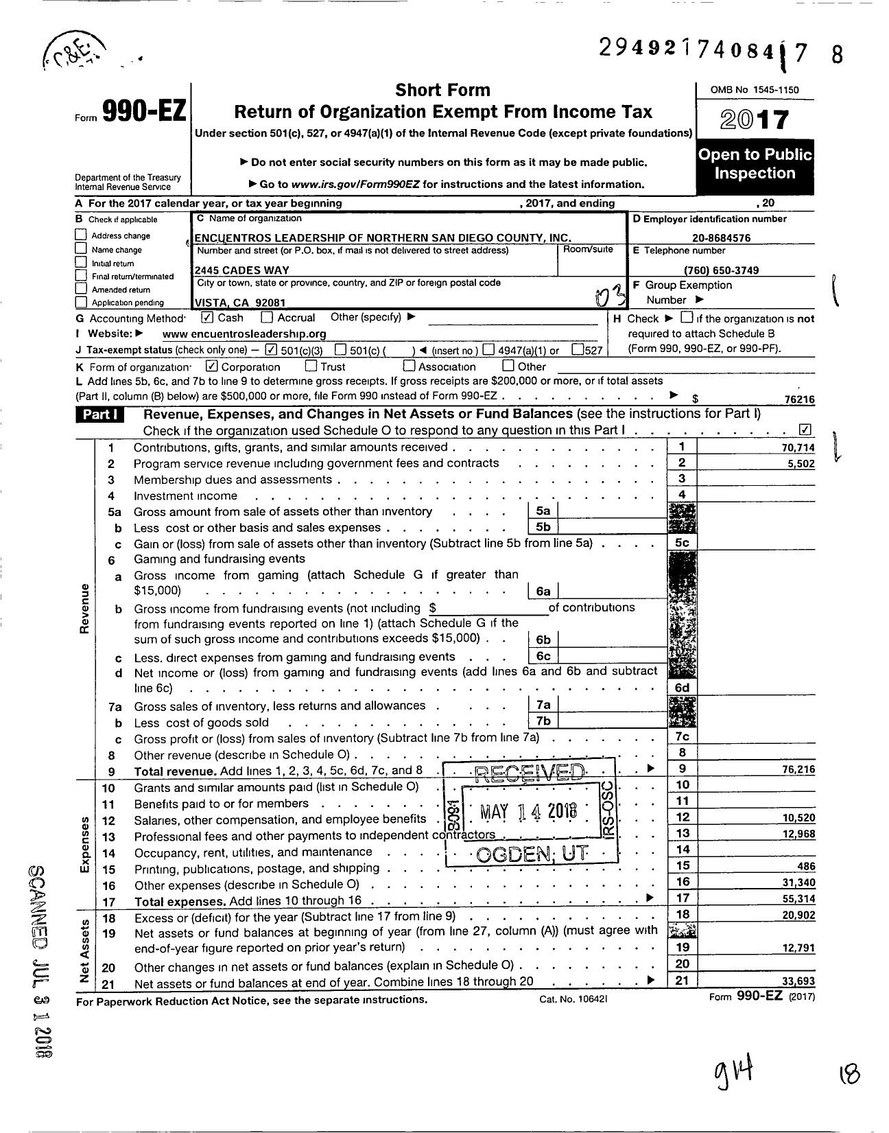 Image of first page of 2017 Form 990EZ for Encuentros Leadership of Northern San Diego County