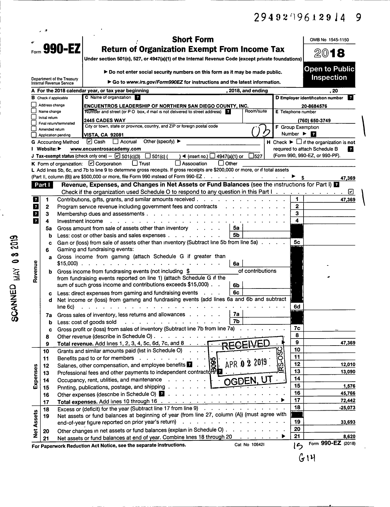 Image of first page of 2018 Form 990EZ for Encuentros Leadership of Northern San Diego County