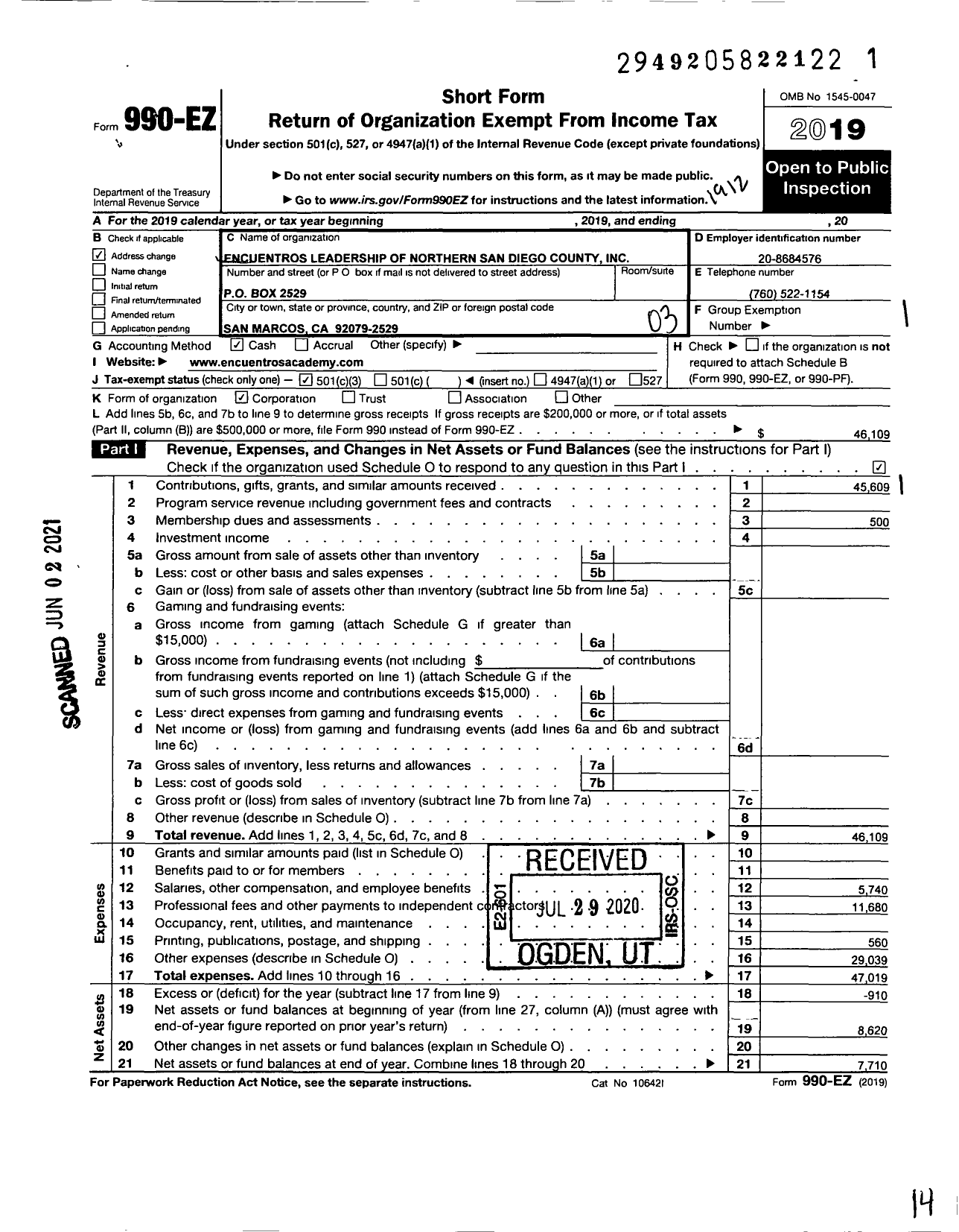 Image of first page of 2019 Form 990EZ for Encuentros Leadership of Northern San Diego County