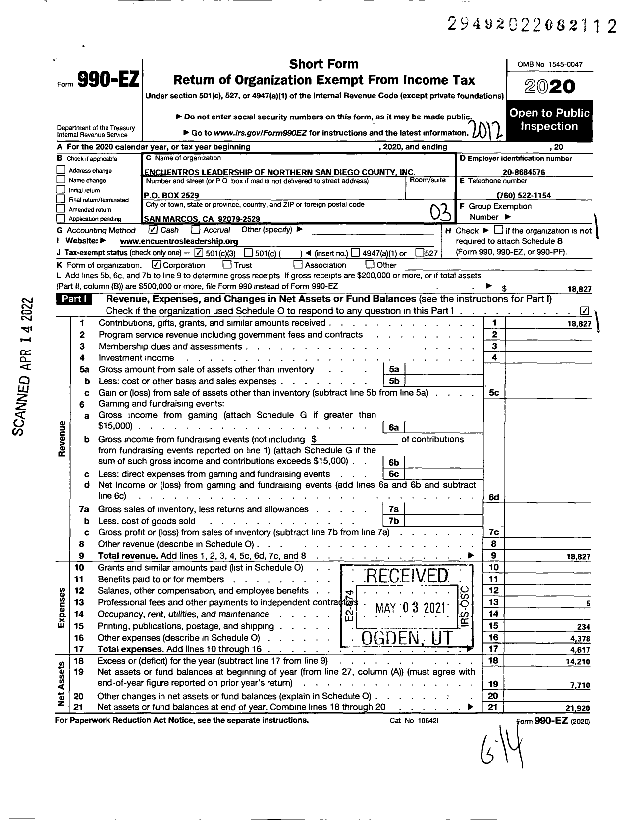 Image of first page of 2020 Form 990EZ for Encuentros Leadership of Northern San Diego County