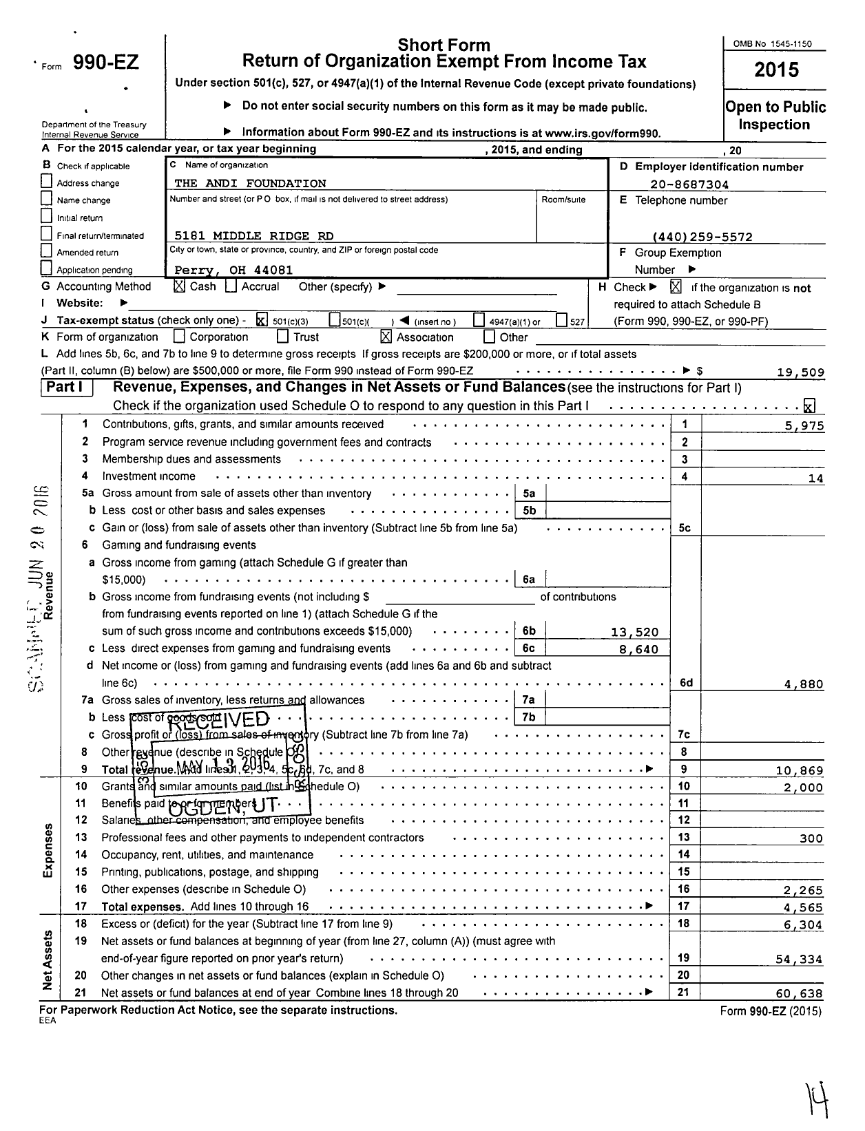 Image of first page of 2015 Form 990EZ for Andi Foundation