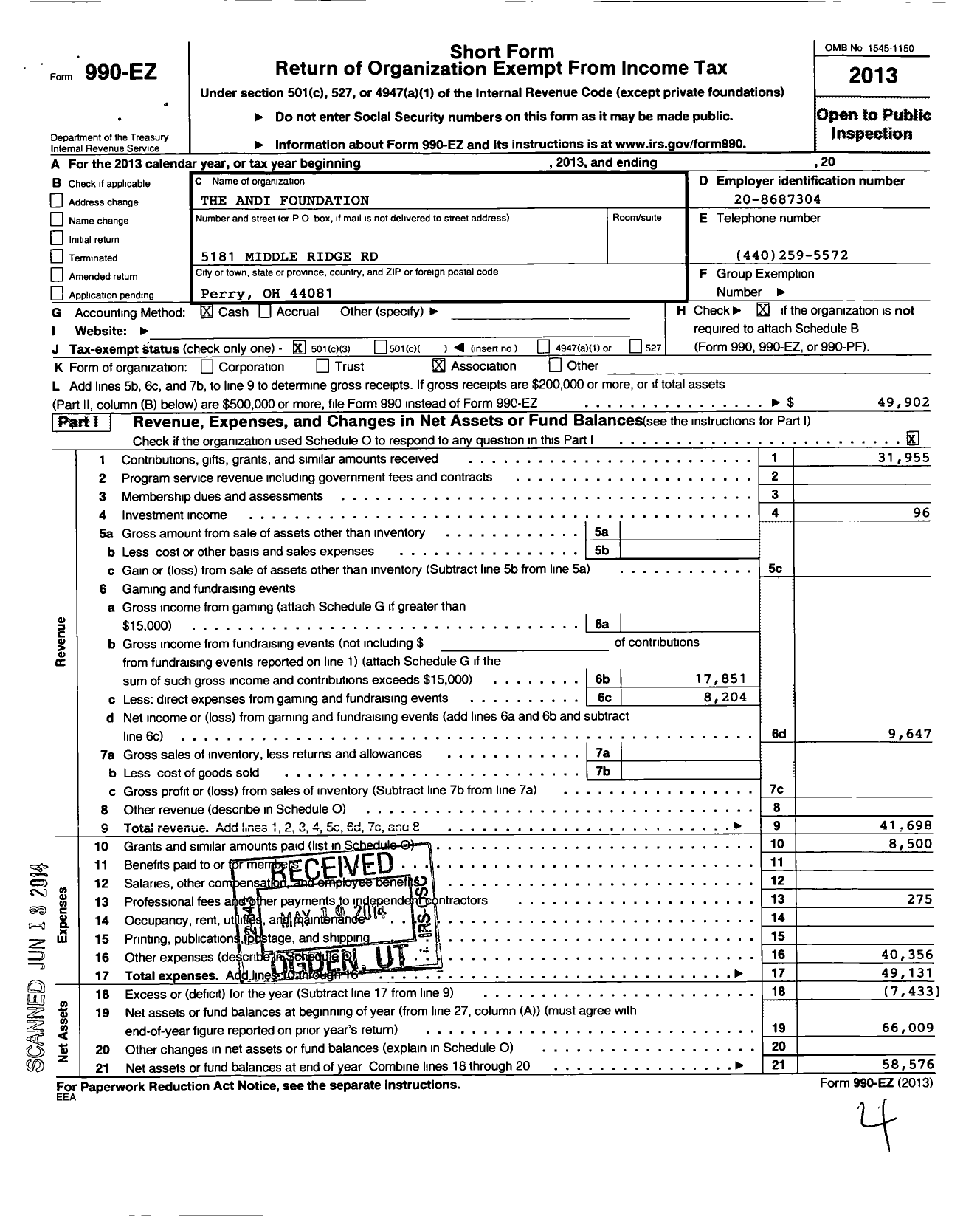 Image of first page of 2013 Form 990EZ for Andi Foundation