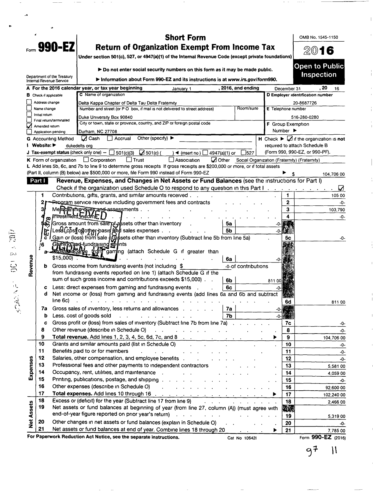 Image of first page of 2016 Form 990EO for DELTA TAU DELTA FRATERNITY DELTA Kappa Chapter