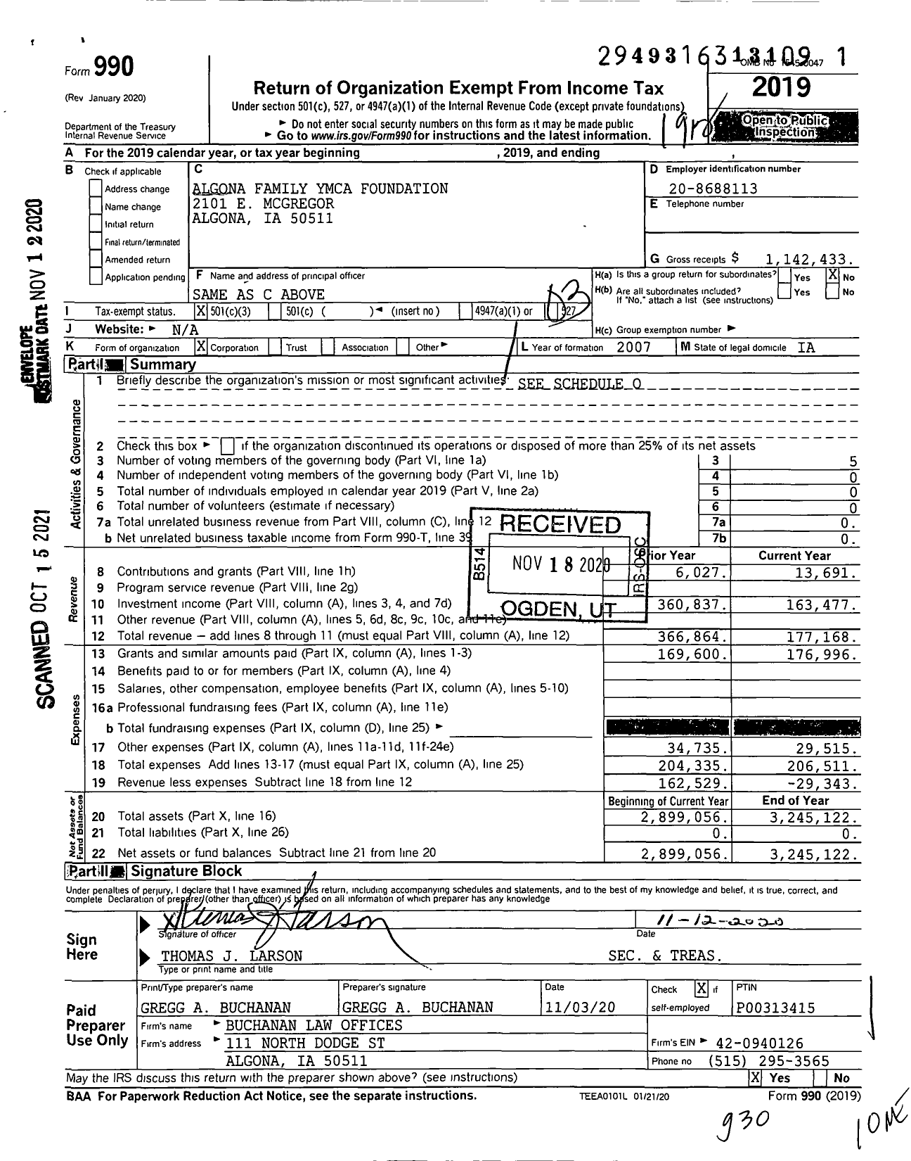 Image of first page of 2019 Form 990 for Algona Family Ymca Foundation