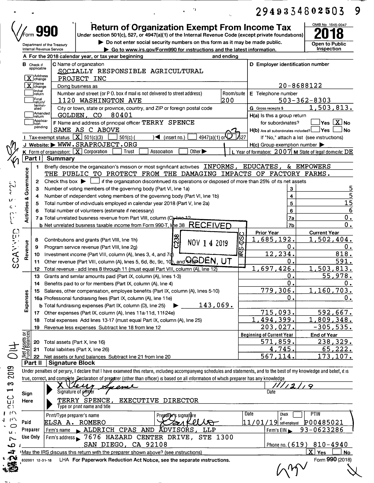 Image of first page of 2018 Form 990 for Socially Responsible Agriculture Project (SRAP)