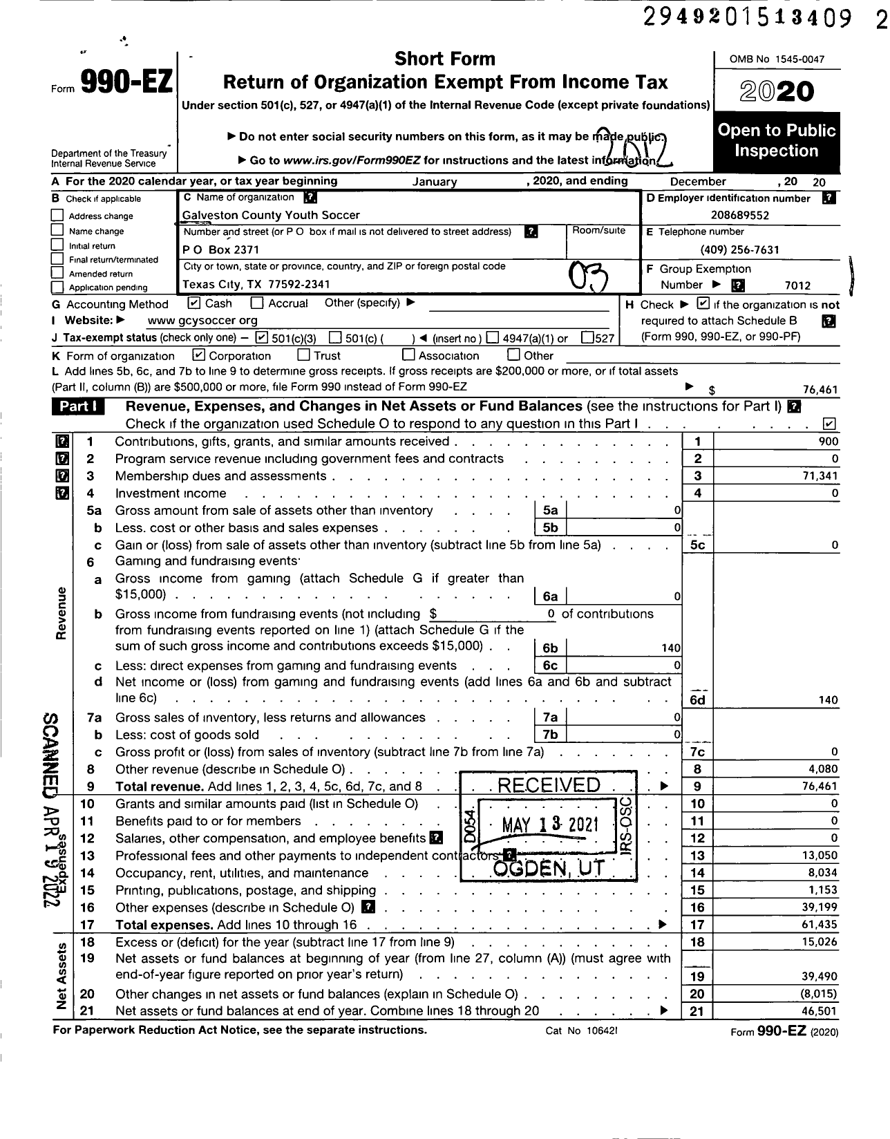 Image of first page of 2020 Form 990EZ for Galveston County Youth Soccer