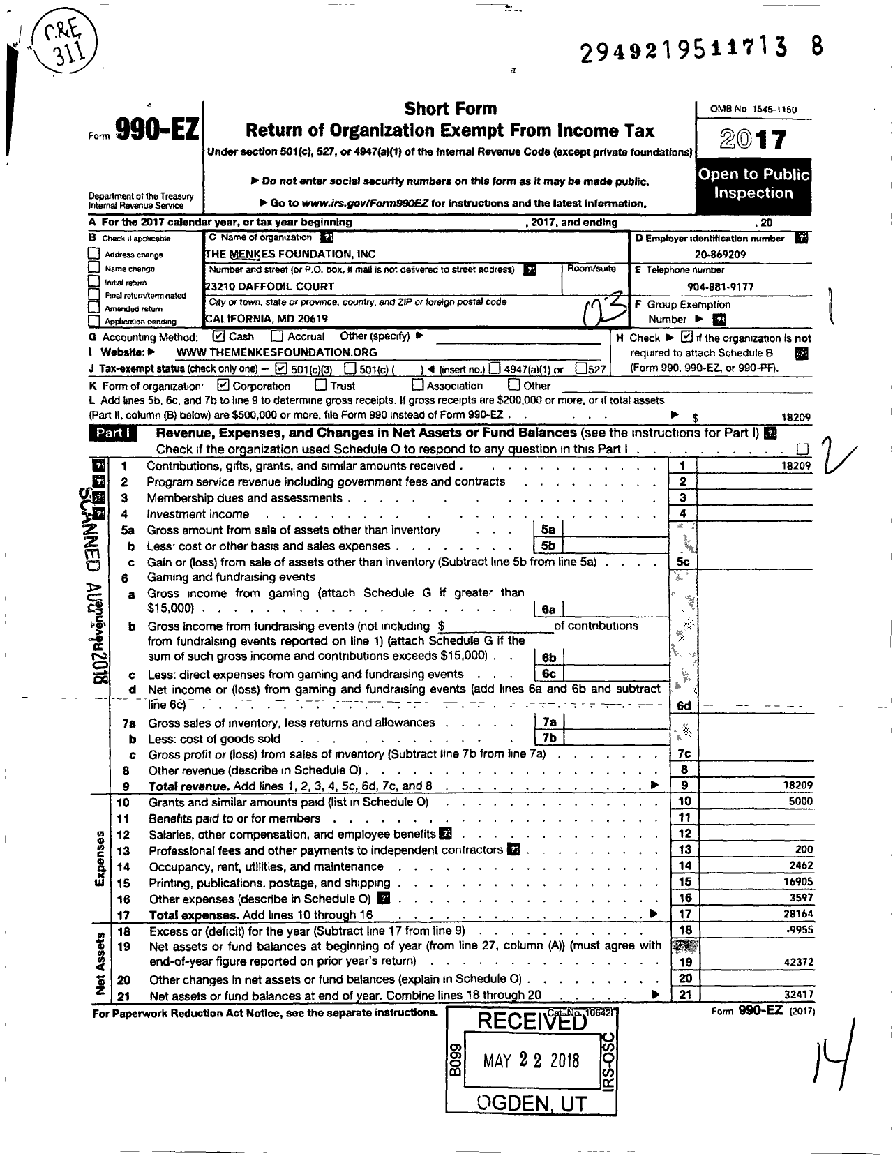 Image of first page of 2017 Form 990EZ for The Menkes Foundation