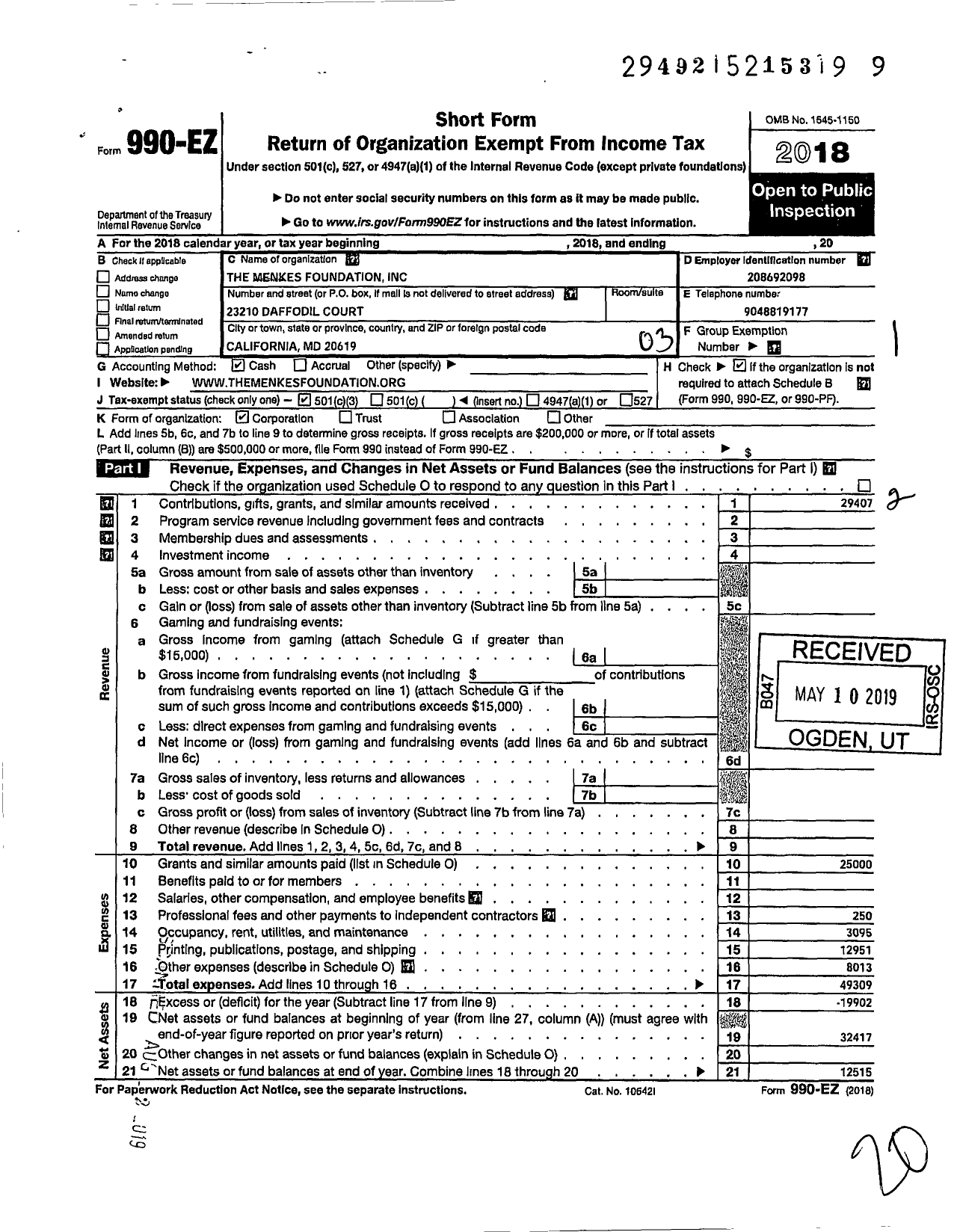 Image of first page of 2018 Form 990EZ for The Menkes Foundation