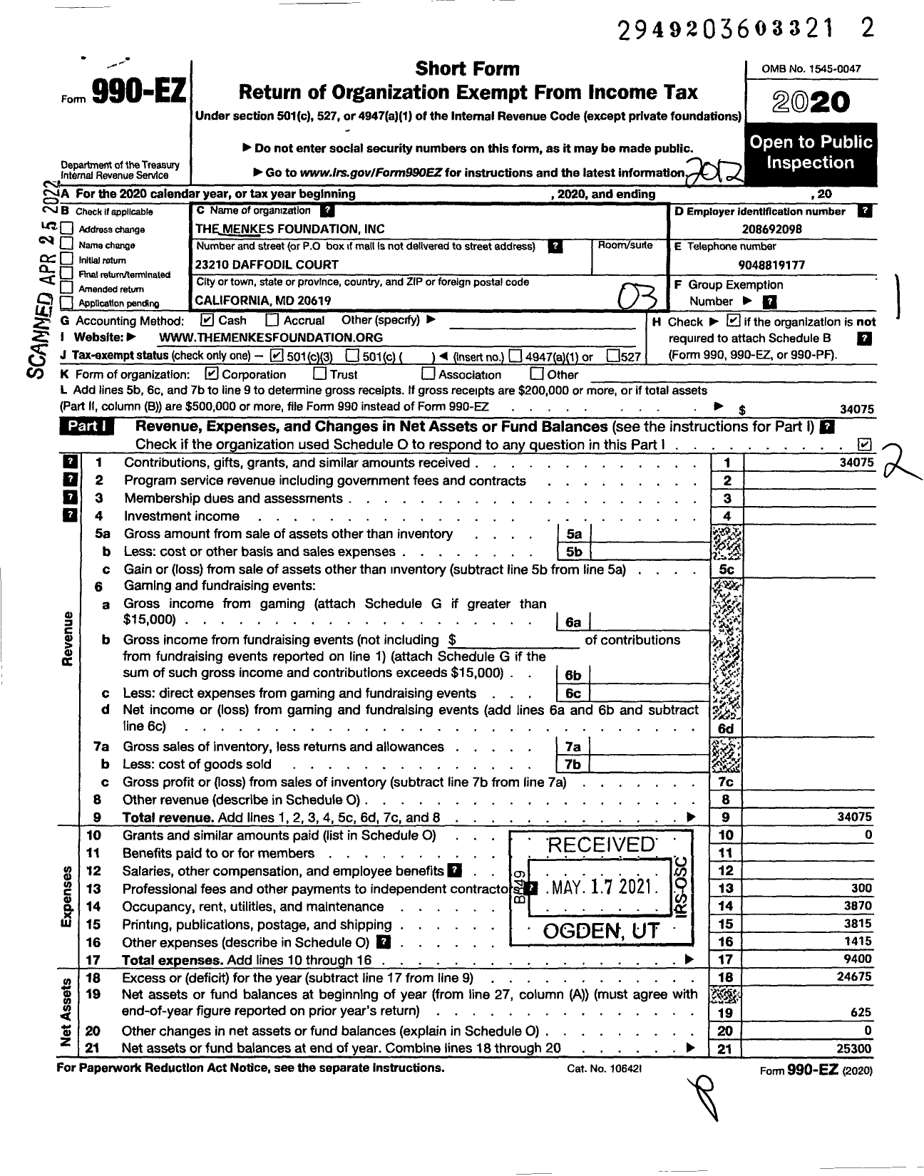 Image of first page of 2020 Form 990EZ for The Menkes Foundation