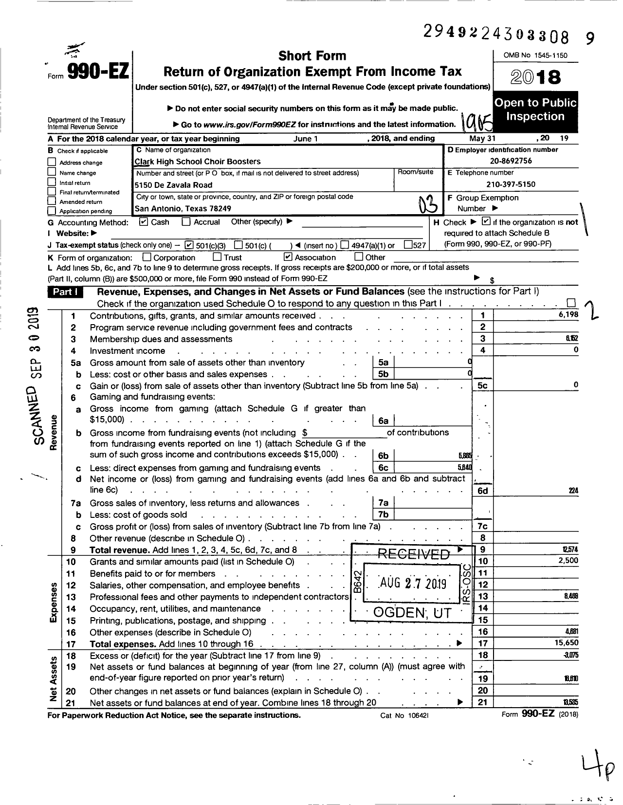 Image of first page of 2018 Form 990EZ for Clark High School Choir Boosterclub