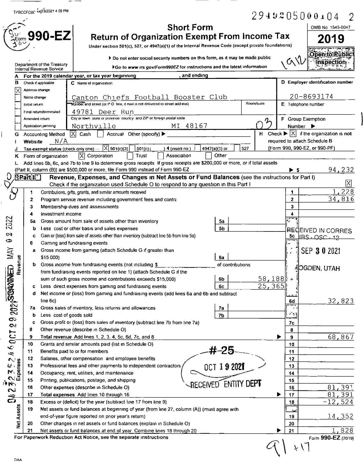 Image of first page of 2019 Form 990EO for CANTON CHIEFs FOOTBALL BOOSTER CLUB