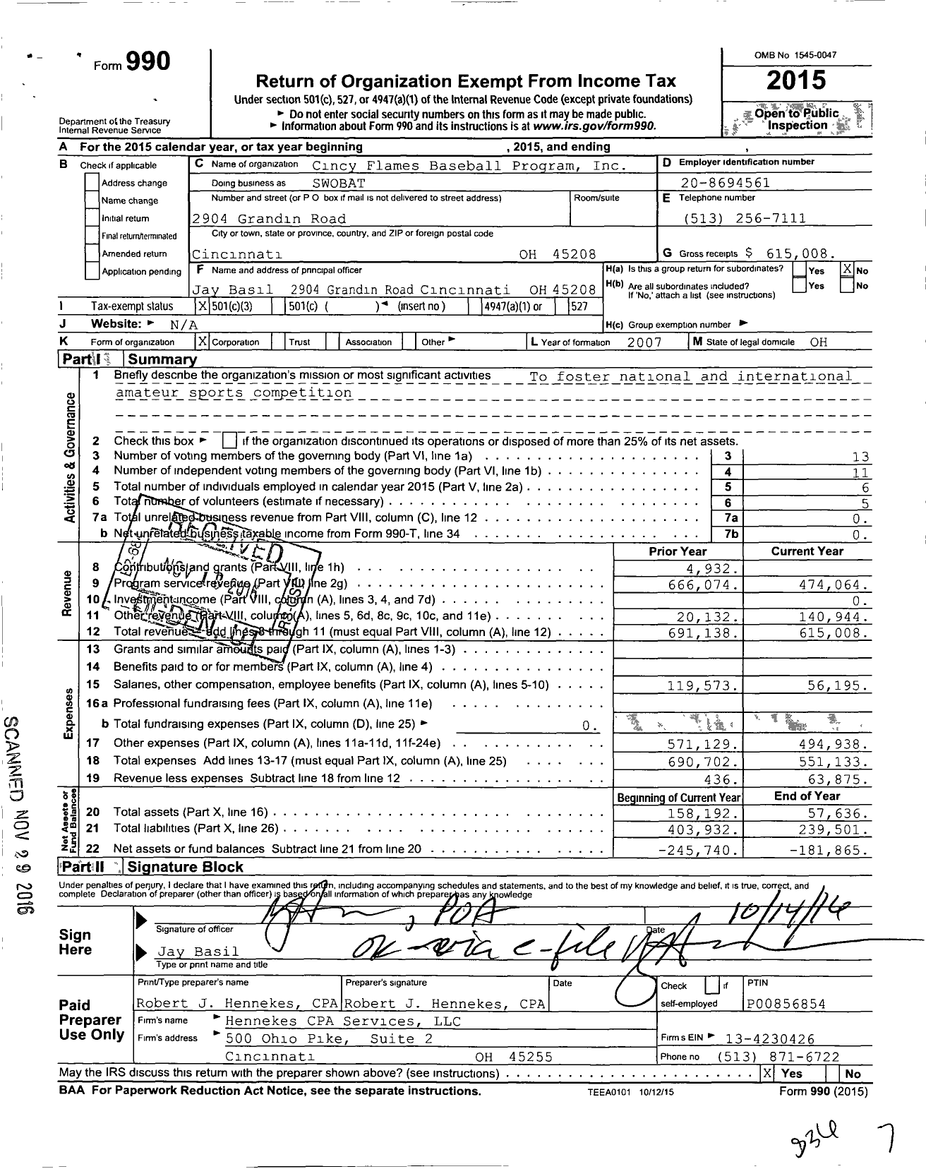 Image of first page of 2015 Form 990 for Cincy Flames Baseball Program