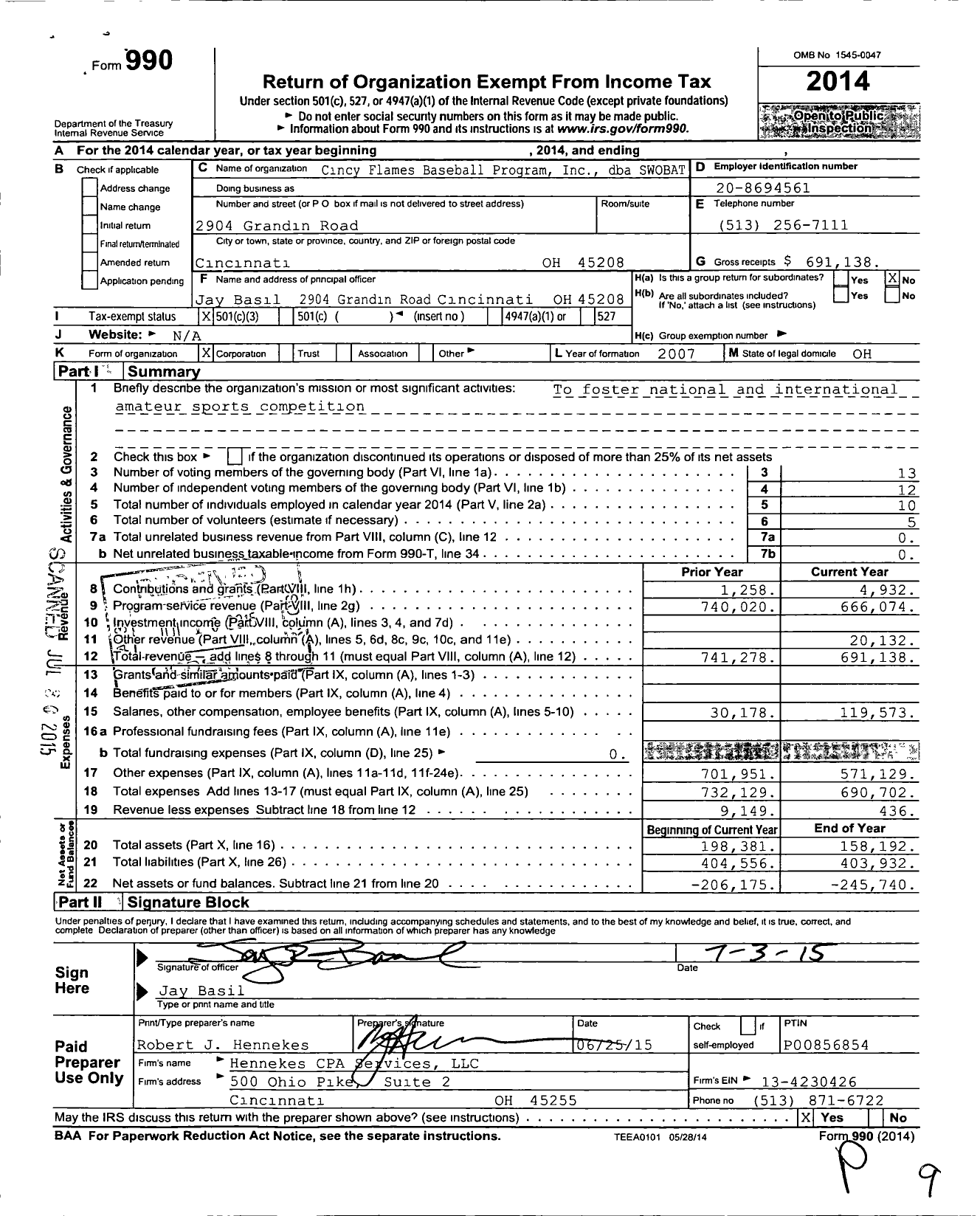 Image of first page of 2014 Form 990 for Cincy Flames Baseball Program