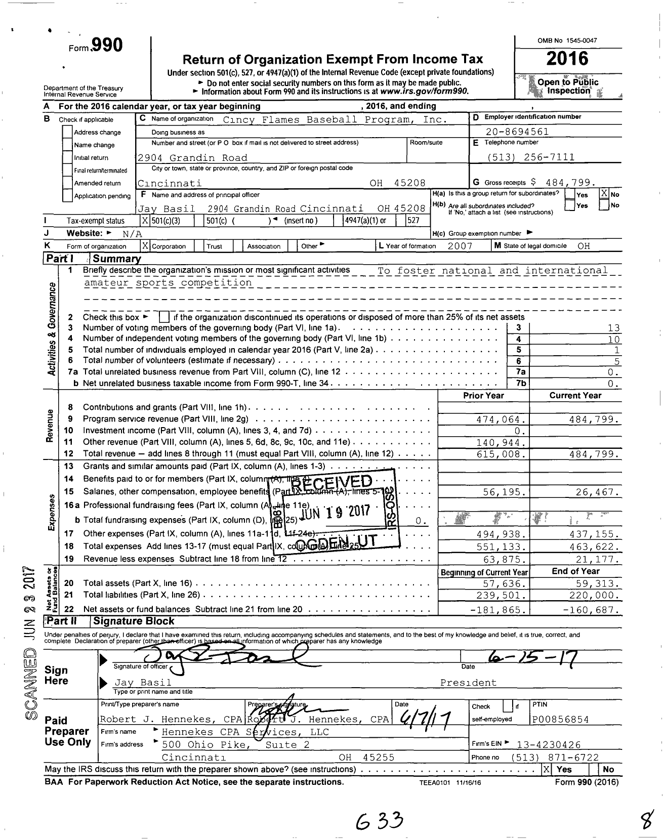 Image of first page of 2016 Form 990 for Cincy Flames Baseball Program