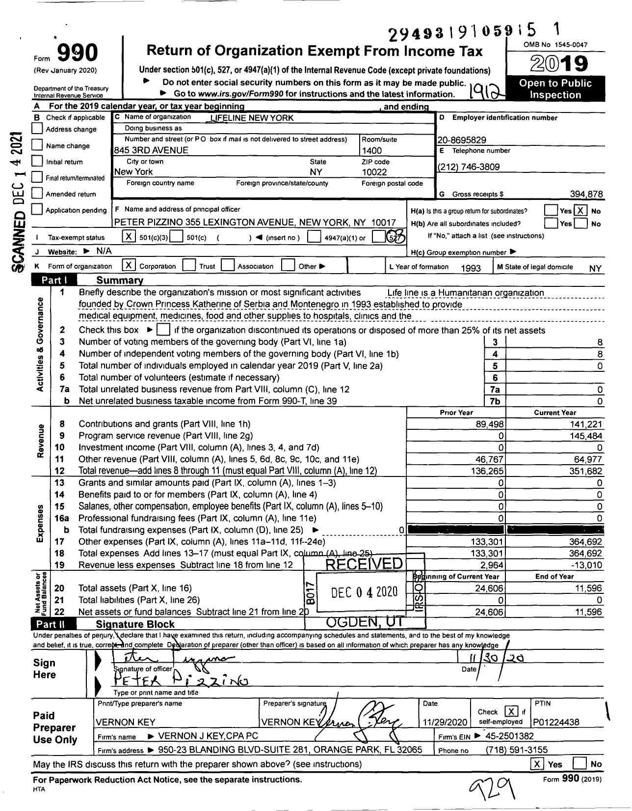 Image of first page of 2019 Form 990 for Lifeline New York