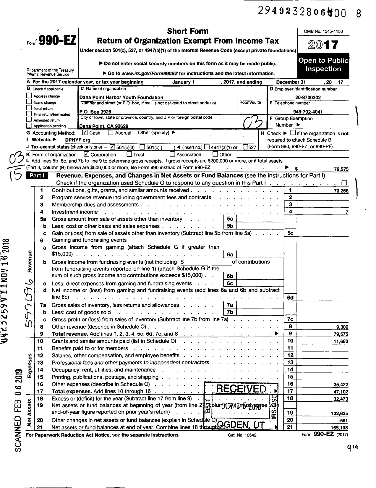 Image of first page of 2017 Form 990EZ for Dana Point Harbor Youth Foundation