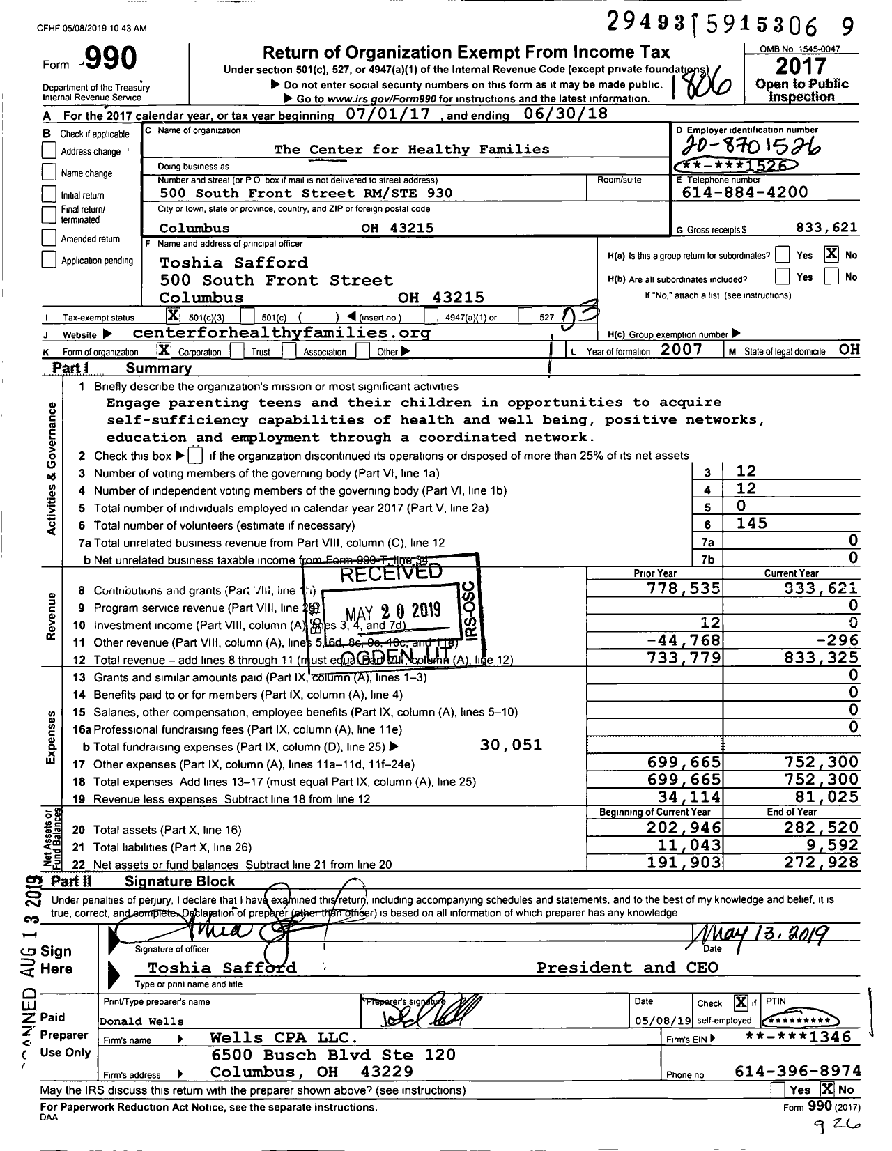 Image of first page of 2017 Form 990 for The Center for Healthy Families