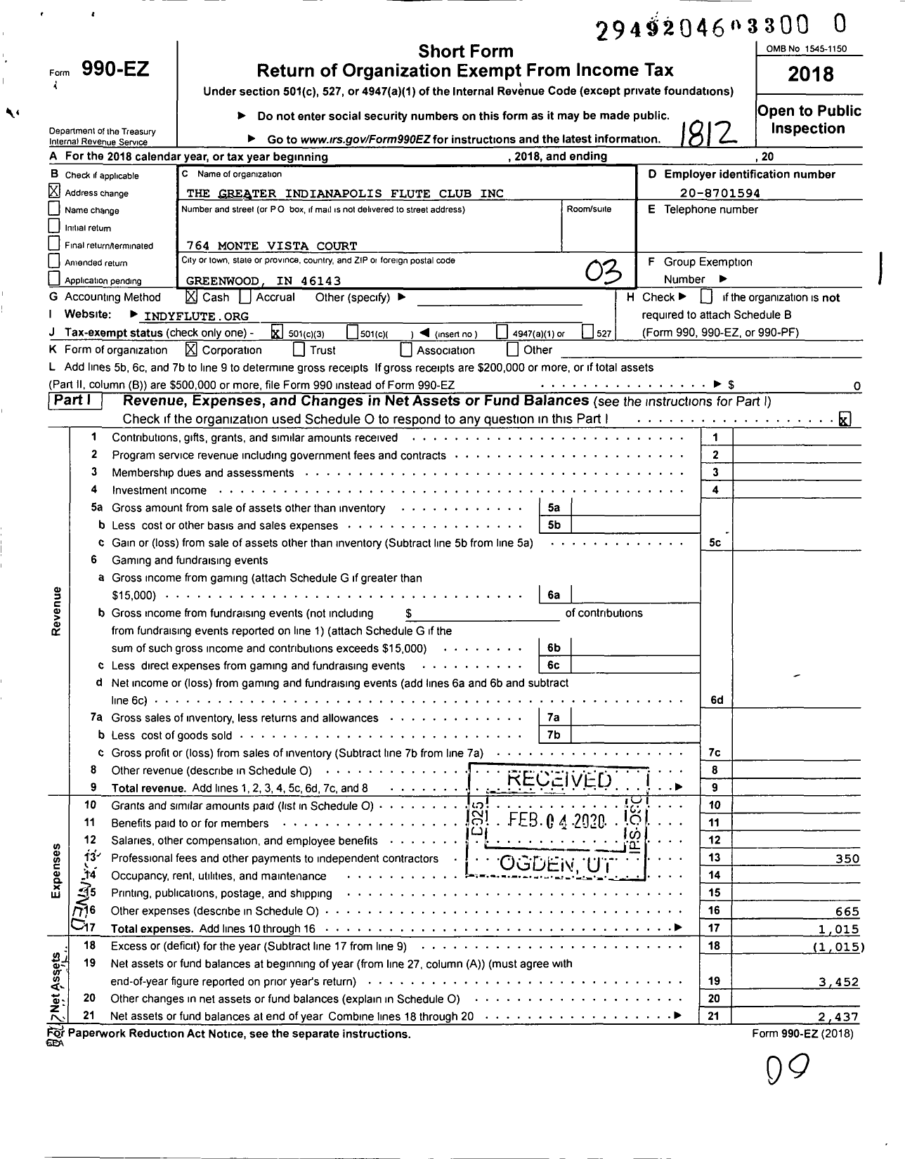 Image of first page of 2018 Form 990EZ for The Greater Indianapolis Flute Club