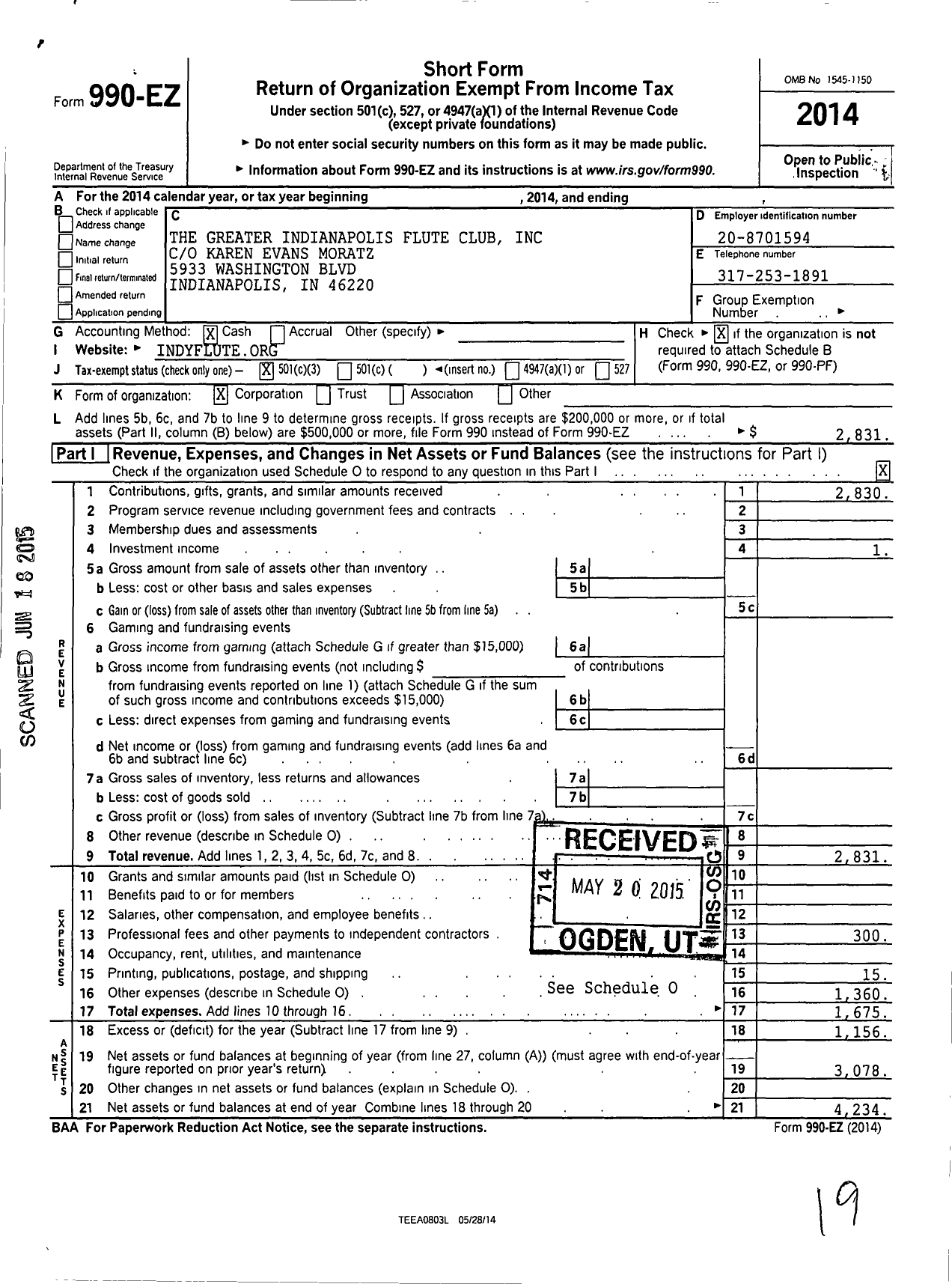 Image of first page of 2014 Form 990EZ for The Greater Indianapolis Flute Club