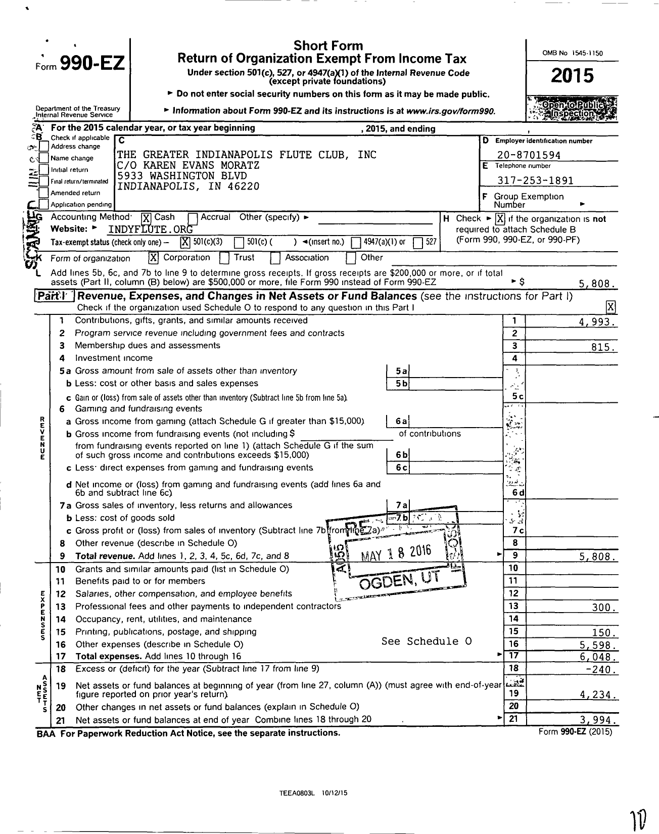 Image of first page of 2015 Form 990EZ for The Greater Indianapolis Flute Club