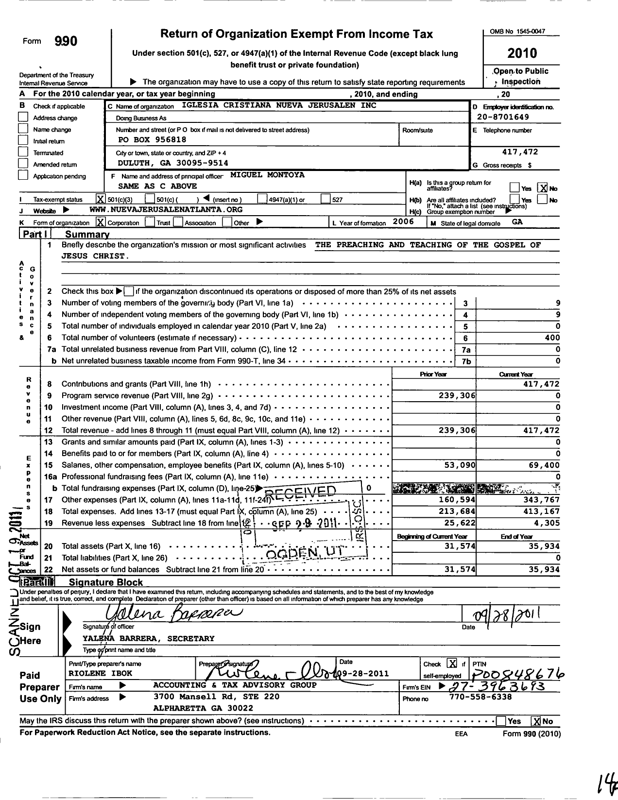 Image of first page of 2010 Form 990 for Iglesia Cristiana Nueve Jersusalen