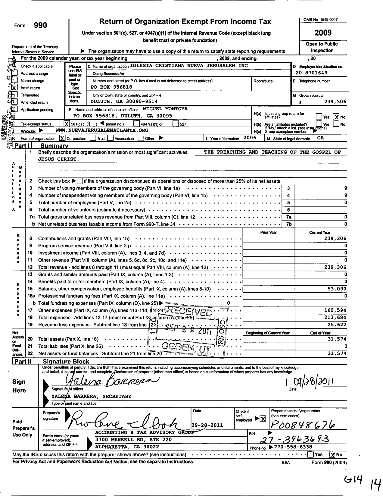 Image of first page of 2009 Form 990 for Iglesia Cristiana Nueve Jersusalen