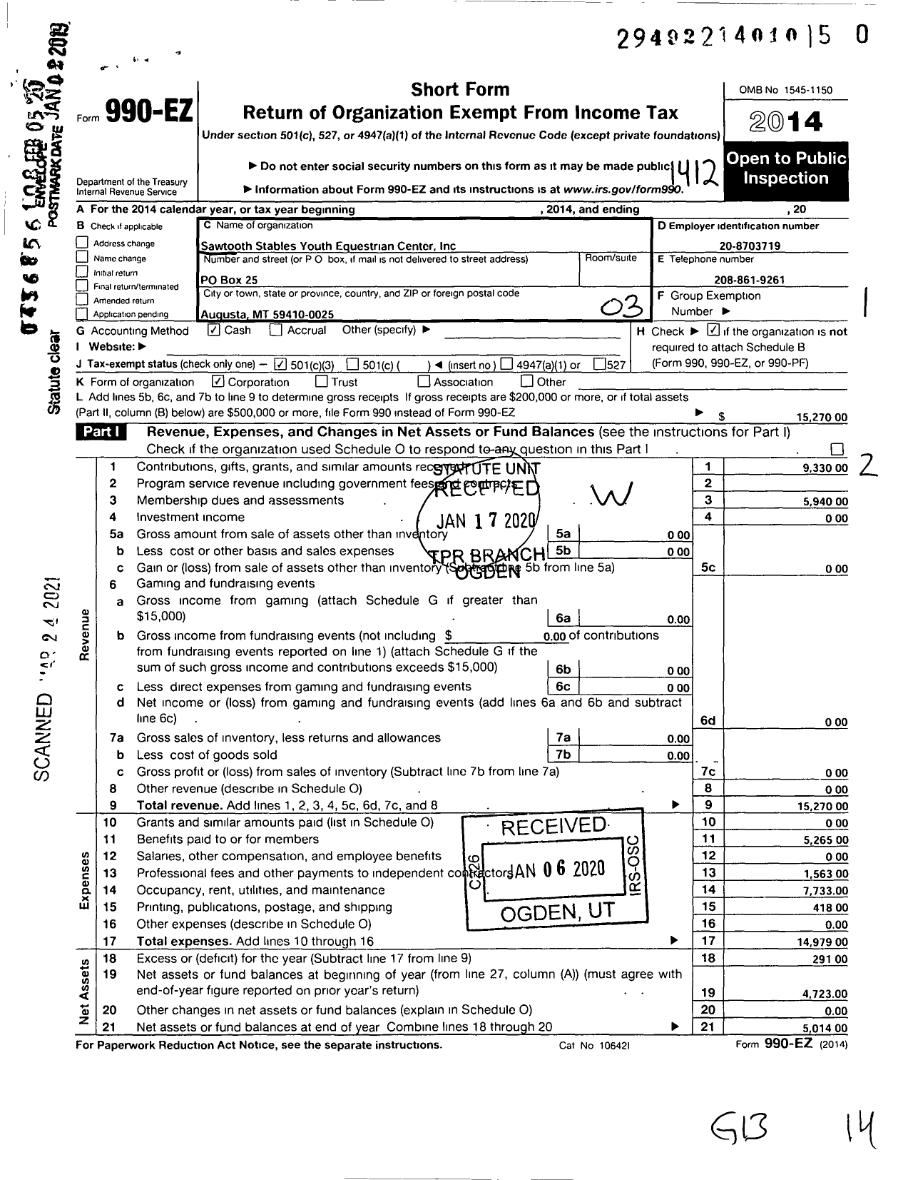 Image of first page of 2014 Form 990EZ for Sawtooth Stables Youth Equestrian Center